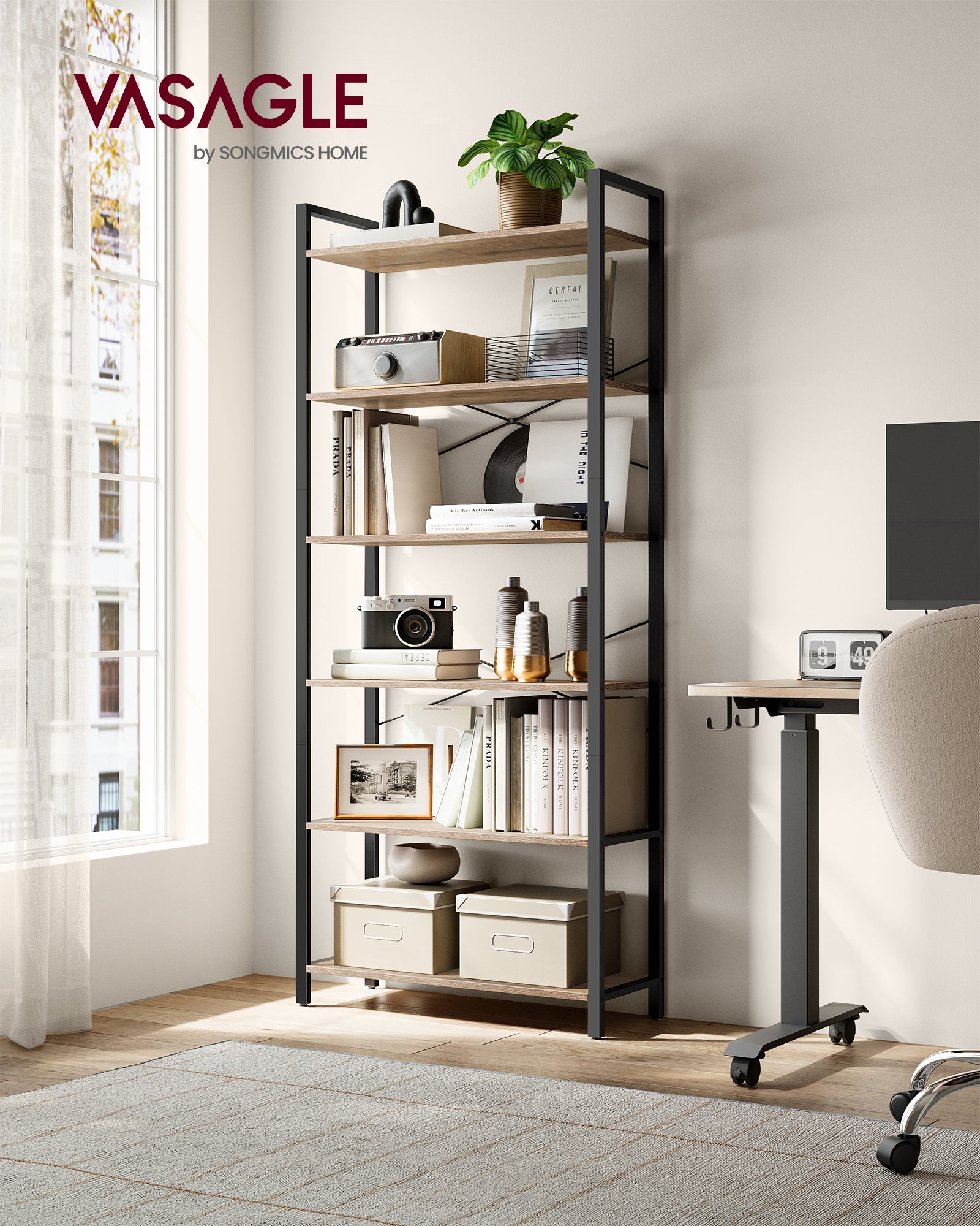 Étagère de Rangement 6 Niveaux, Bibliothèque avec Cadre en Acier, 30 x 80 x 186 cm, Marron Chameau et Noir d'Encre - 2