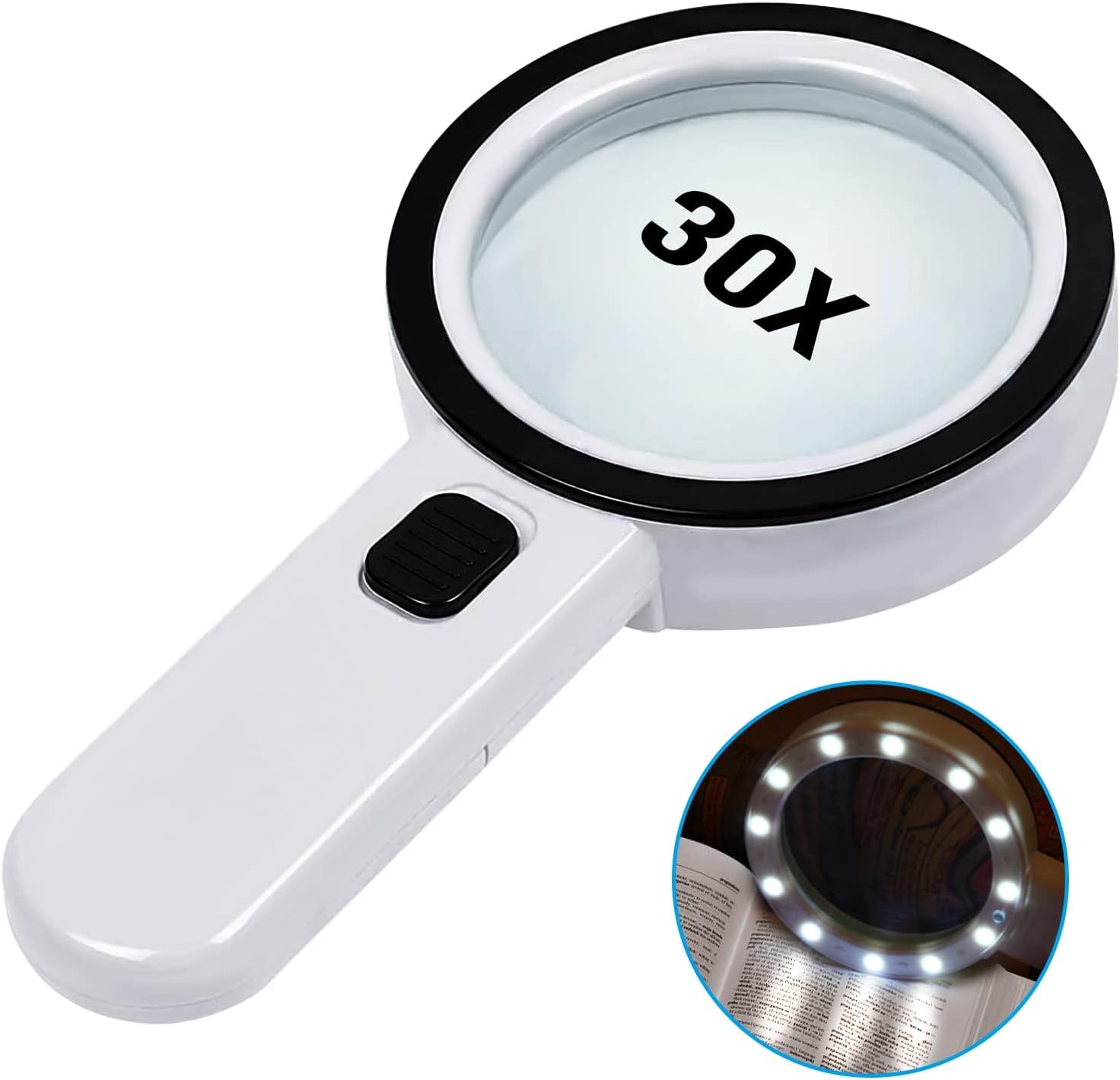 Lupa do czytania 30x z 12 diodami LED, podświetlana lupa do czytania dla seniorów, do czytania, znaczków, map i inspekcji