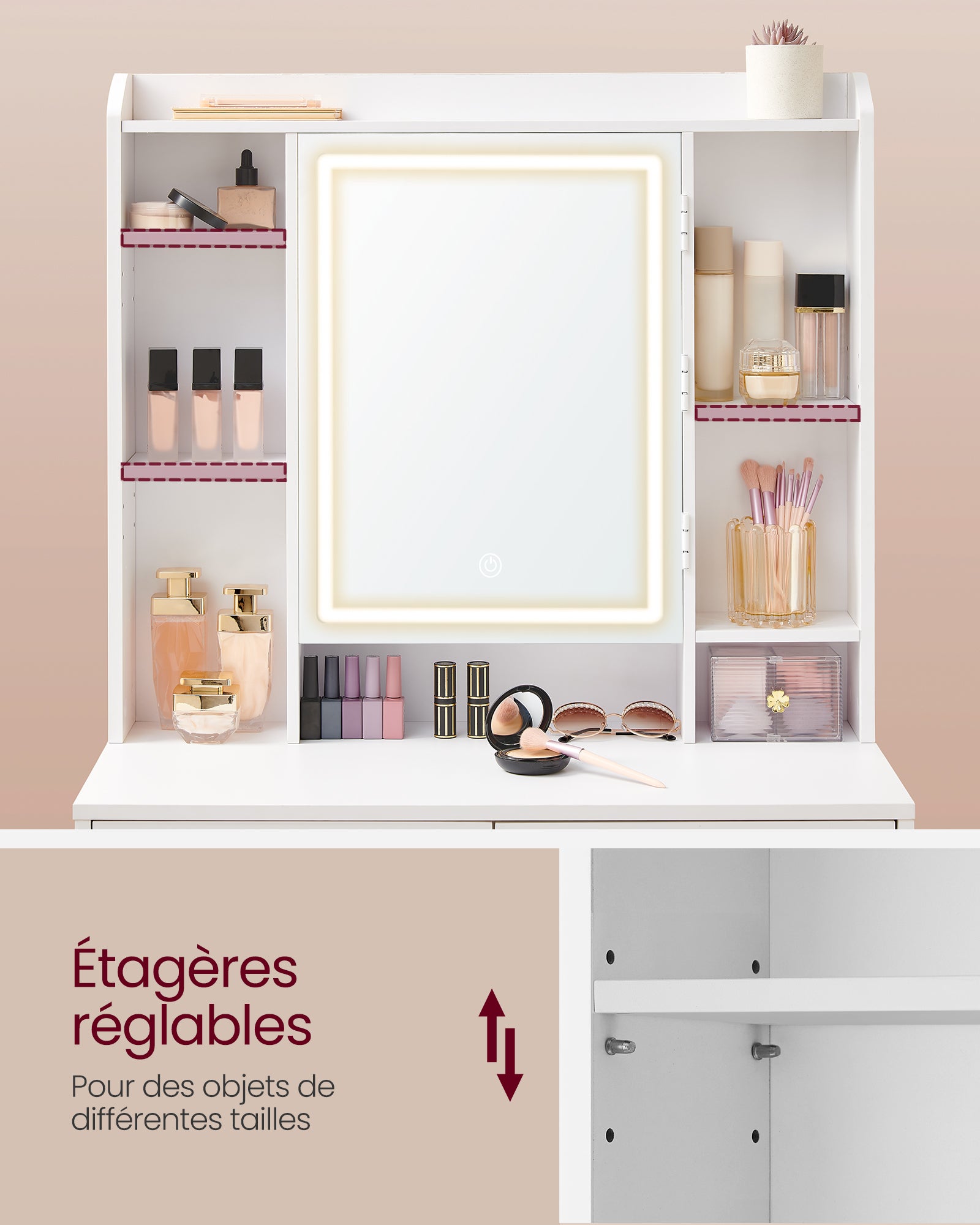 Coiffeuse, Grand Miroir LED à Luminosité Réglable, Compartiments Ouverts, Tabouret, Étagères Réglables, Blanc Nuage - 4