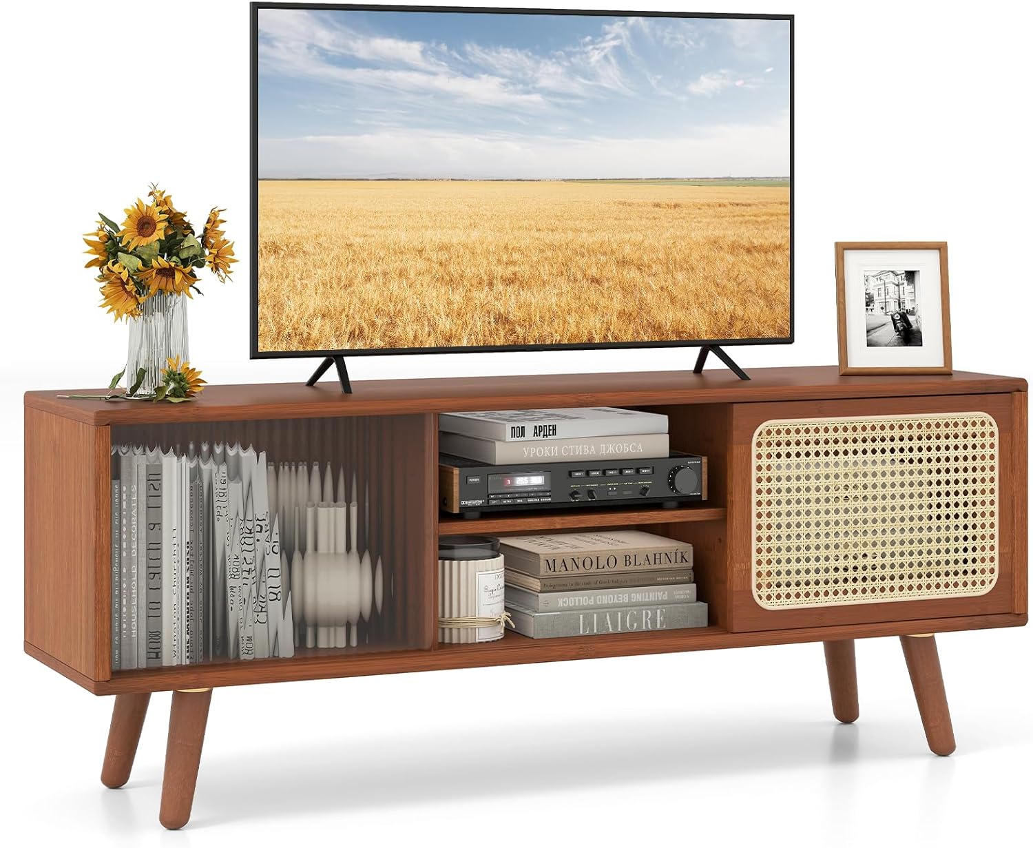 Meuble TV en Bambou avec 4 Compartiments pour TV 55