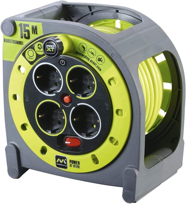 Masterplug Pro-XT Avvolgicavo 15 metri, 4 Prese EU Schuko, Prolunga Elettrica 16A, Protezione Termica, Cavo Alta Visibilità