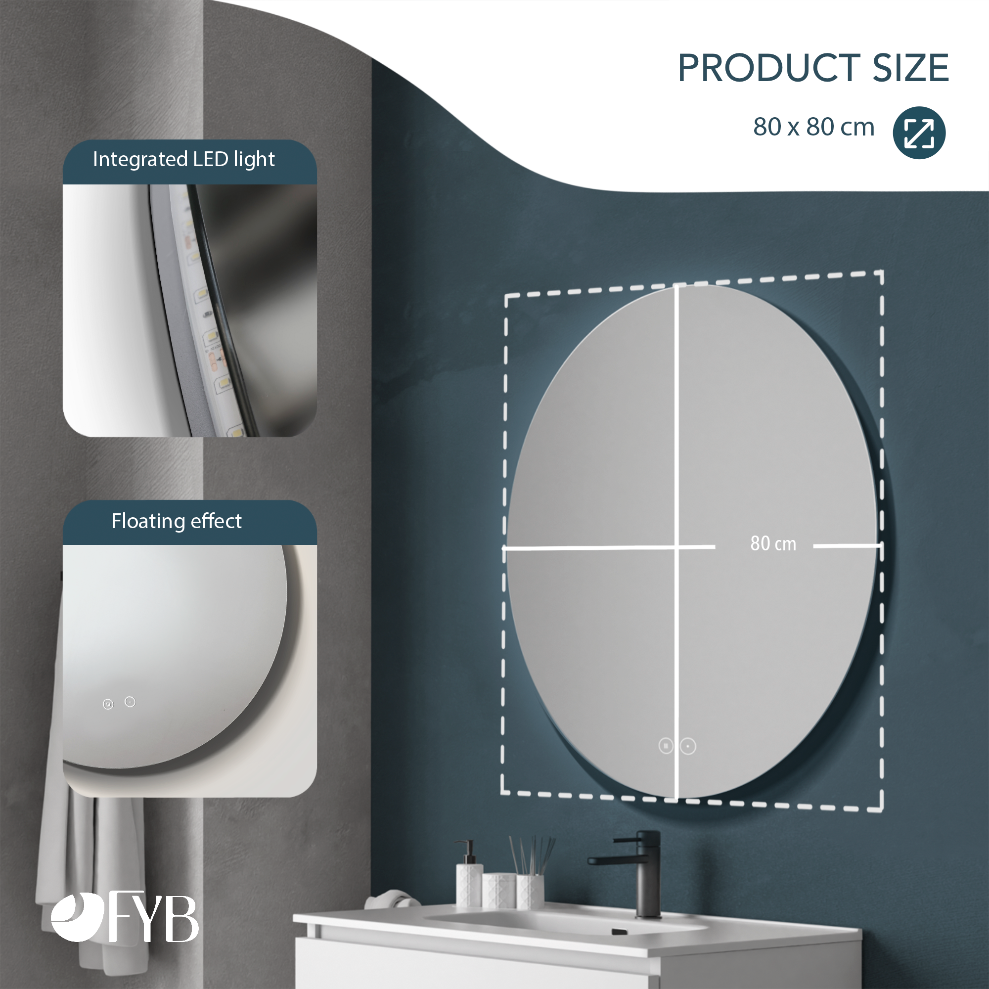 Feel Your Bath Miroir de Salle de Bain Rond avec Lumière LED Réglable 80cm, Miroir 80 x 80 avec Interrupteur Tactile, Antibuée et Arrêt Automatique - 4