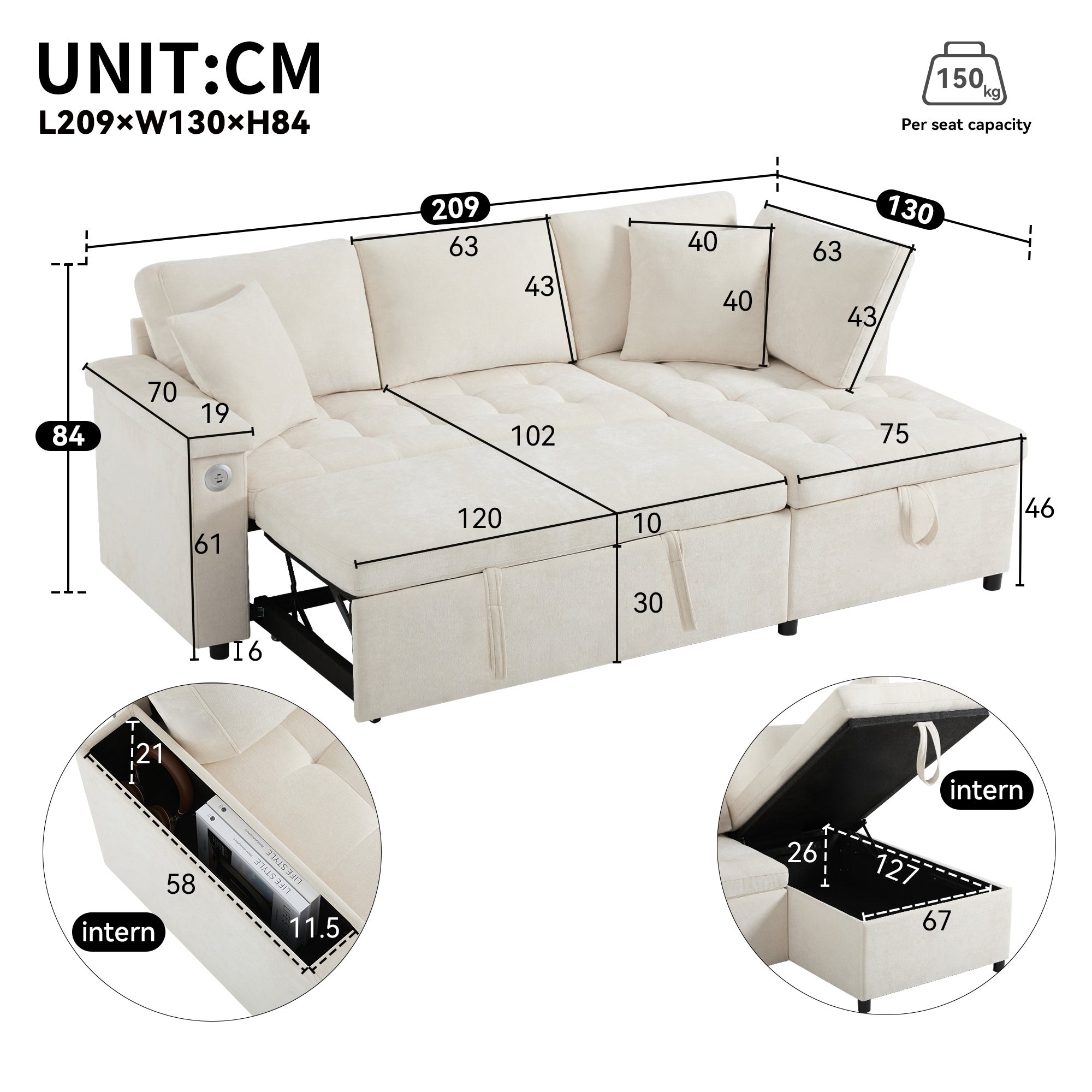 Canapé d'Angle Convertible avec Coffre , Canapé,Lit Moderne 2 à 3 Places avec Port USB, Tissu Chenille Beige - 4
