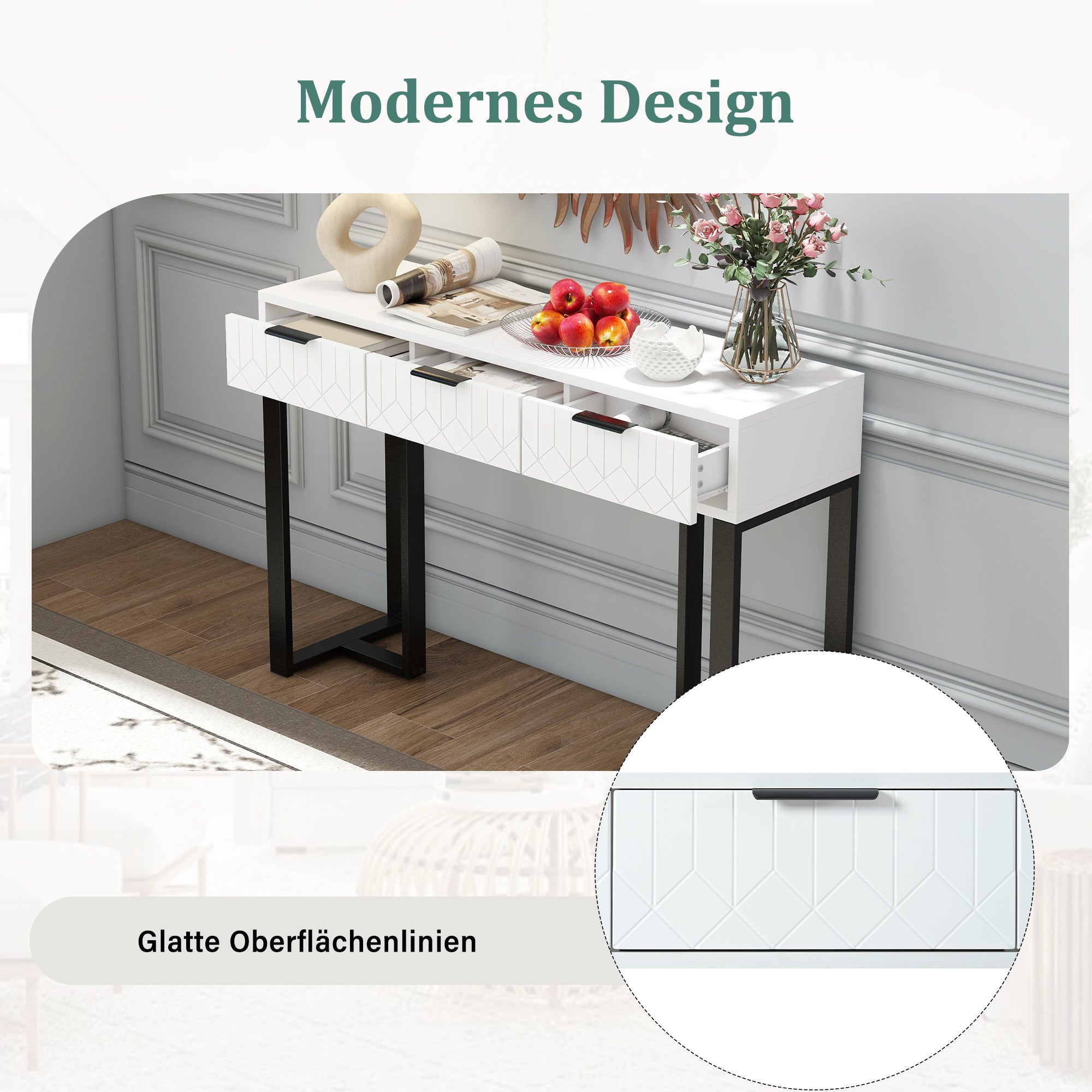 Table console moderne avec 3 tiroirs - 120 x 36 x 80 cm - MDF - pour salon, couloir - blanc + noir - 7