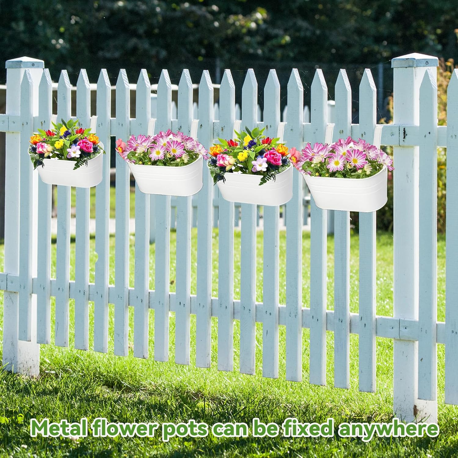 4 Pièces (Blanc) Pots de Fleurs à Suspendre en Métal, Grandes Pot Suspendu, Jardiniere Balcon 27 cm, avec Trou de Drainage, pour Clôture de Balcon, - 5