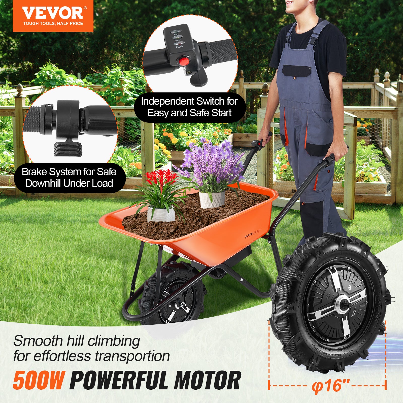 Brouette Électrique 500 W,VEVOR Chariot Basculant Motorisé,Poignée Métal,Roue Large 40 cm,Charge 150 kg pour Ferme,Pelouse,Jardinage,Entrepôt - 2