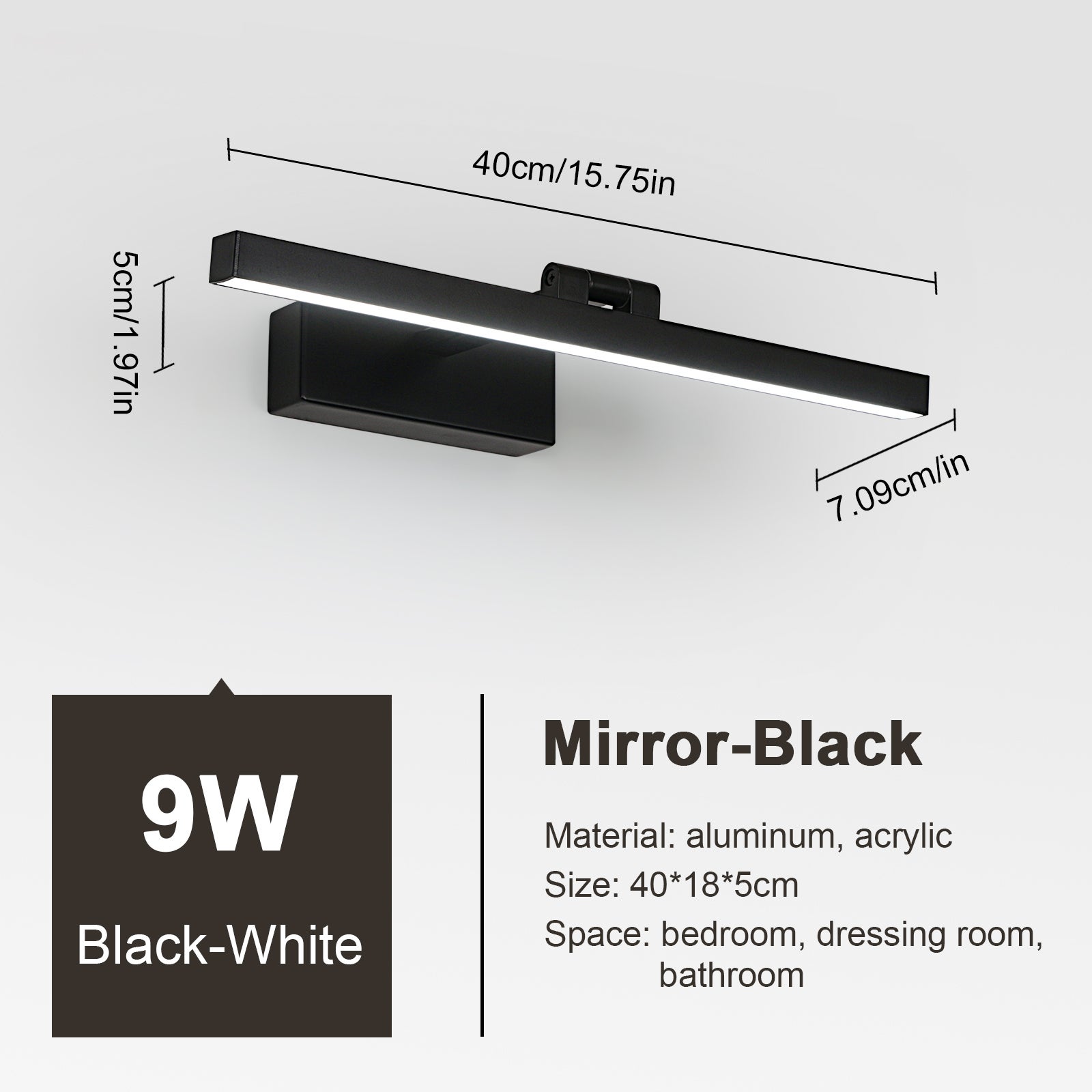 GOECO Lampe Miroir Salle de Bain 9W 1100LM 220V, 40cm Lampe Miroir Applique LED Salle de Bain, Blanc Froid 6500K Luminaire Salle de Bain IP40, Noir - 8