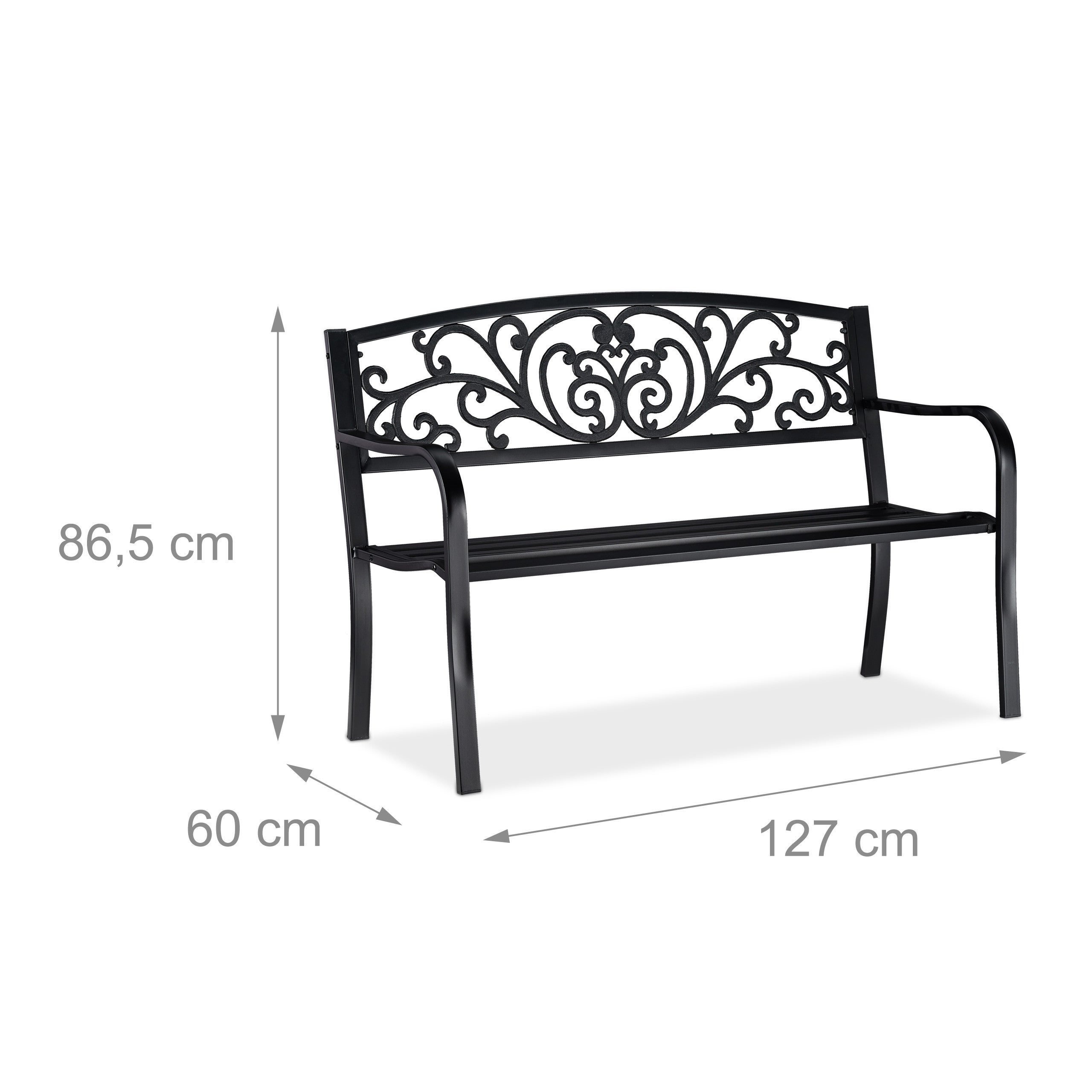 Banc de jardin, 2 places, confortable, ornements vintage, terrasse, balcon, HLP 86,5 x 127 x 60 cm, noir, Relaxdays - 4