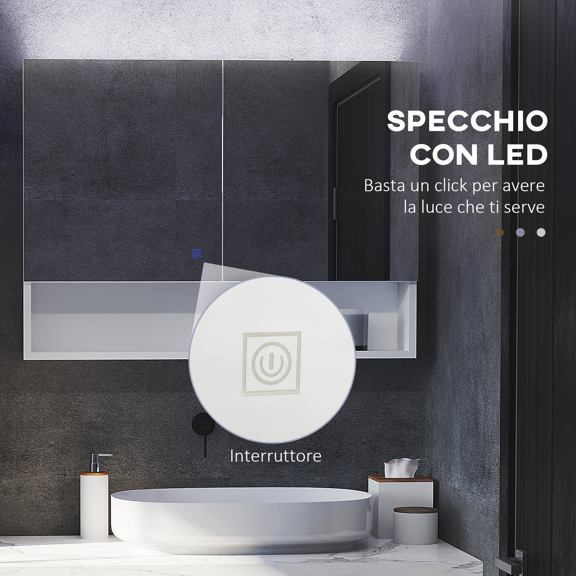 HOMCOM Armadietto con Specchio a Muro, Luci a LED, Ripiano Aperto e Ripiano Interno Regolabile, Vetro e MDF, 80x15x60cm - 5
