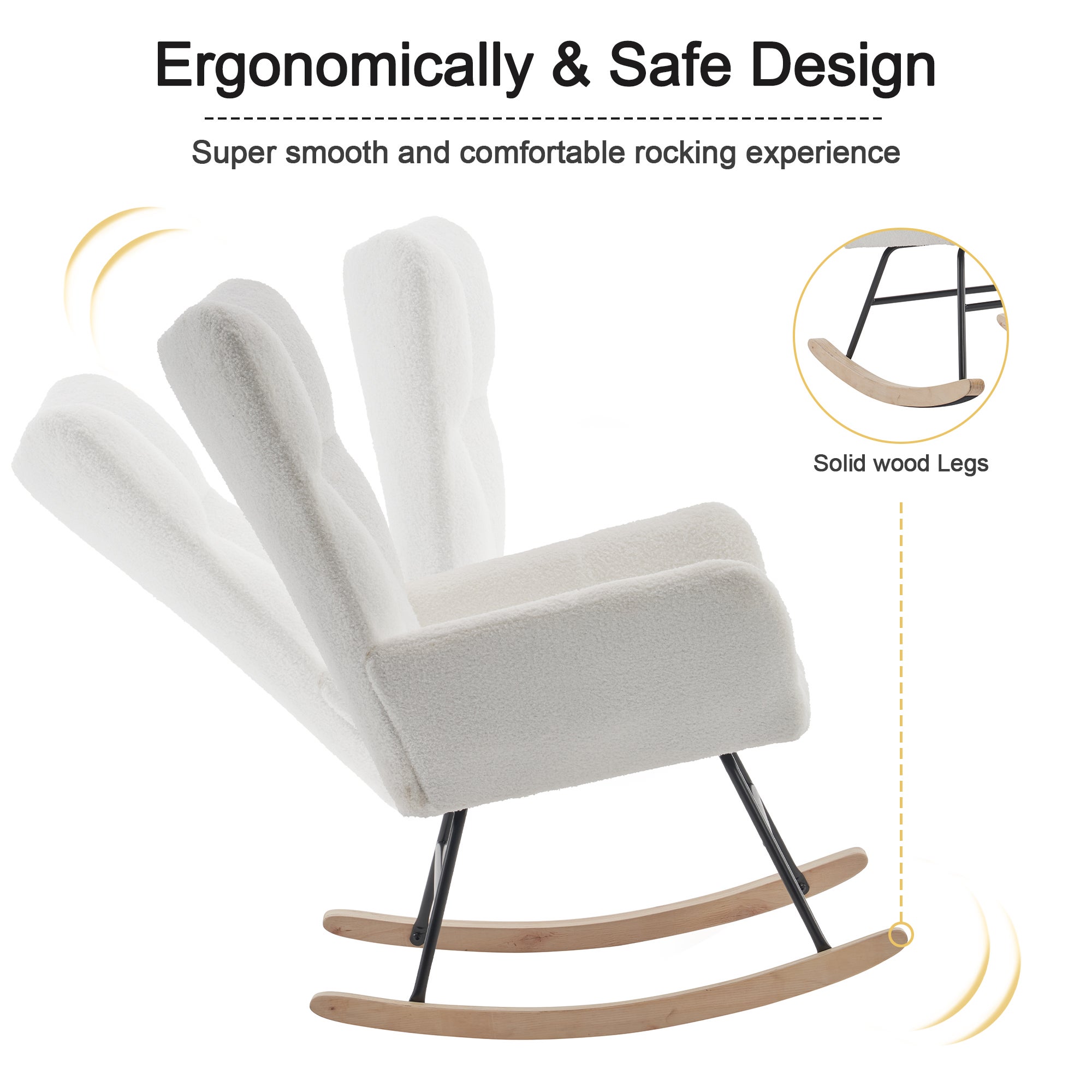 Fauteuil à Bascule Moderne, Rocking Chair avec Dossier Haut et Cadre en Métal, en Tissu Teddy Blanc - Pour Salon/Chambre - 8