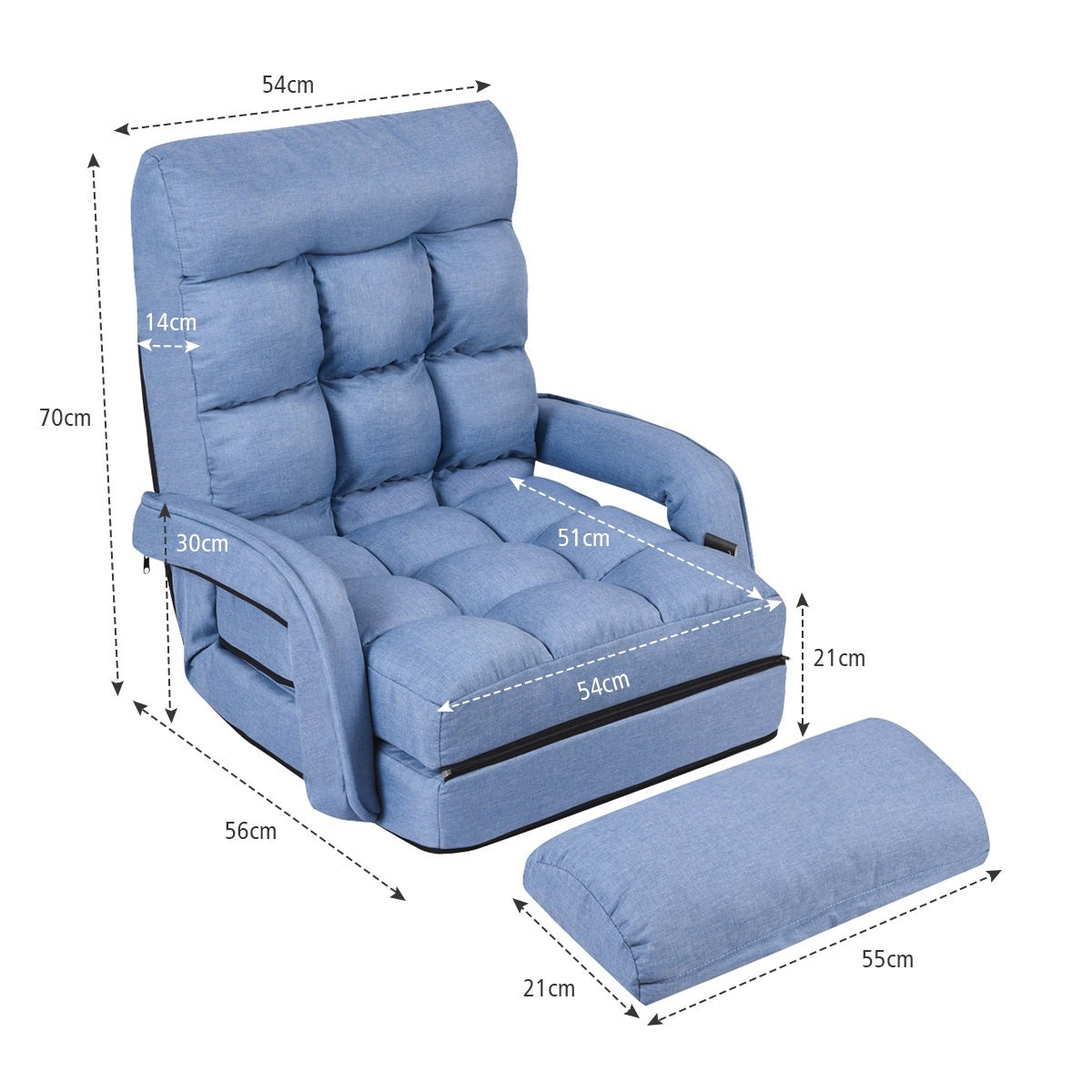 Fauteuil convertible chauffeuse convertible 1 place en tissu avec oreiller 5 positions bleu 20_0000627 - 2