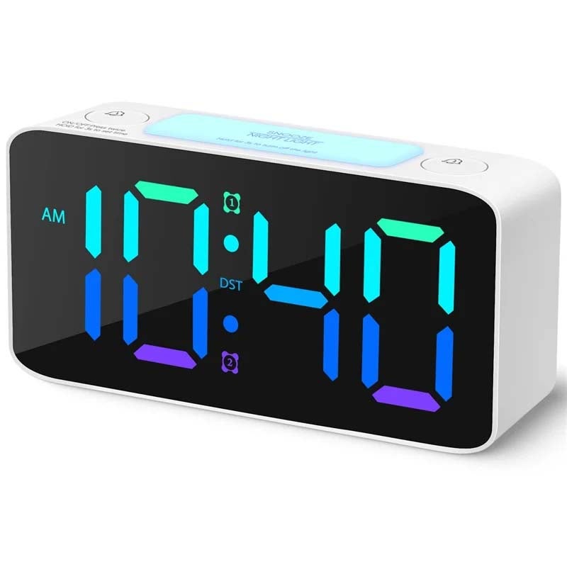 2x Budzik super głośny dla dorosłych, cyfrowy, 7 kolorów RGB, regulacja głośności, USB, mały budzik OK to Wake – biały + RGB