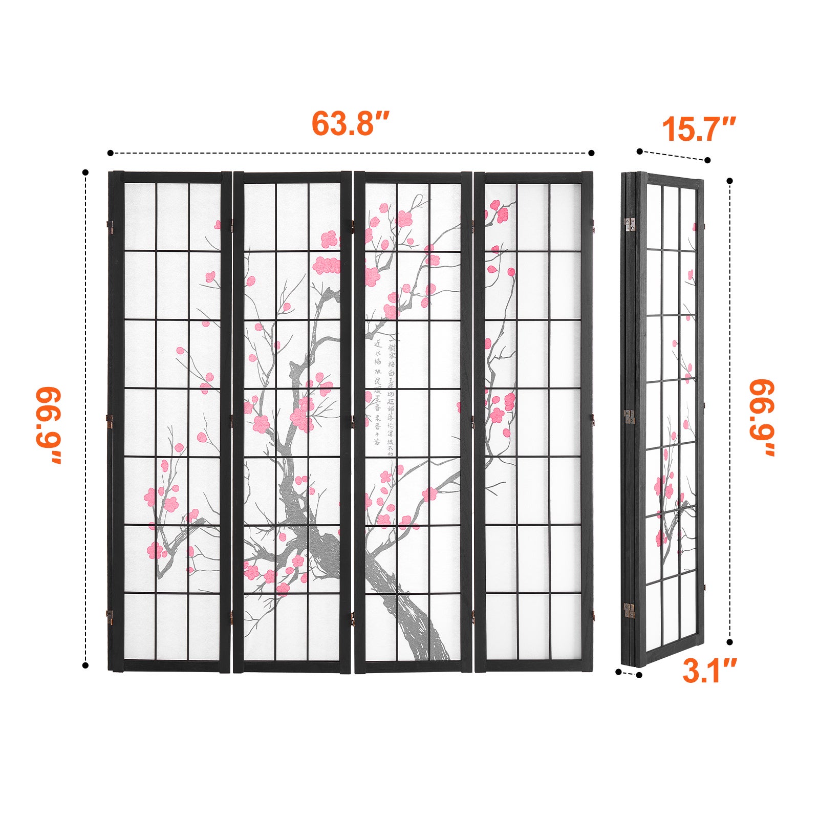 Cloison de séparation,SucceBuy paravent japonais à 4 panneaux,paravent de confidentialité pliable pour intérieur,cloison japonaise portable - 2