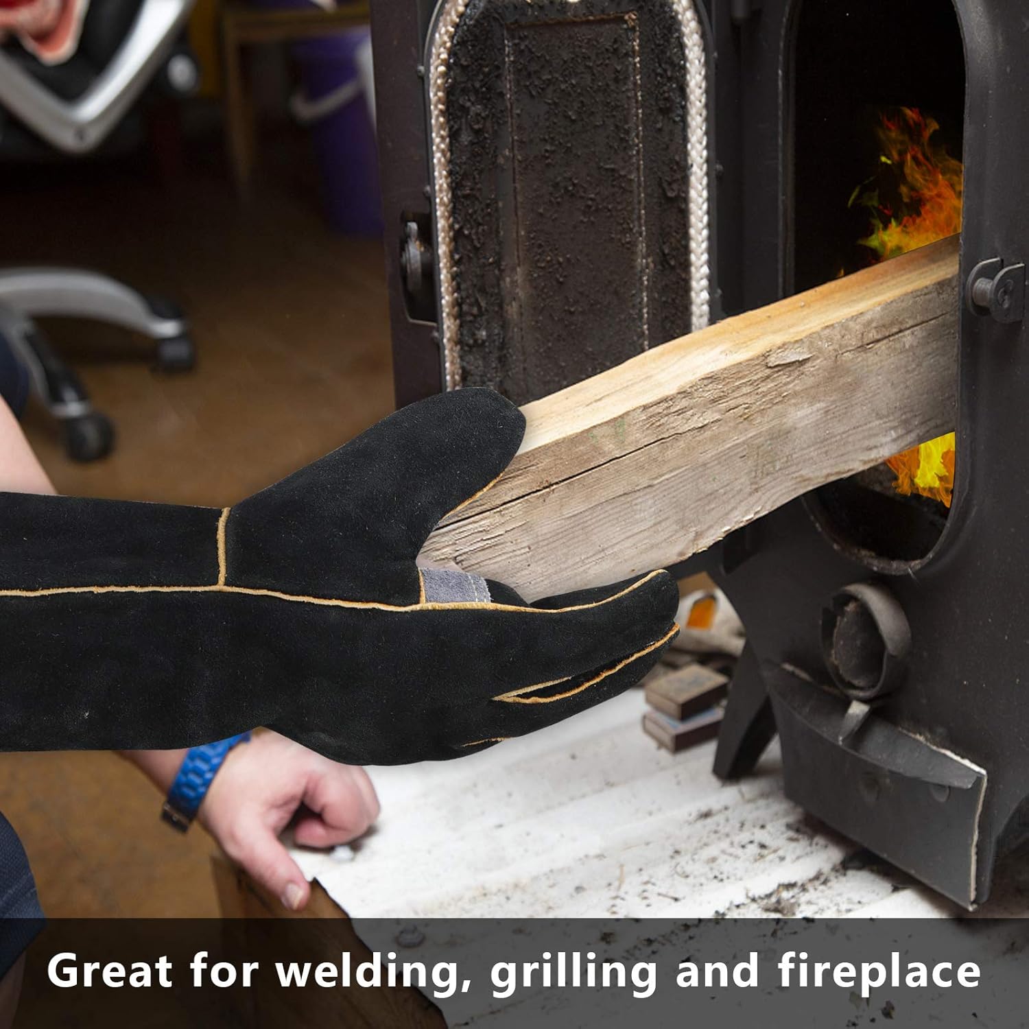 Gants résistants au feu et à la Chaleur extrêmes, Cuir avec Coutures en Kevlar, Parfaits pour cheminée, poêle, Four, Grill, soudage, Barbecue - 5