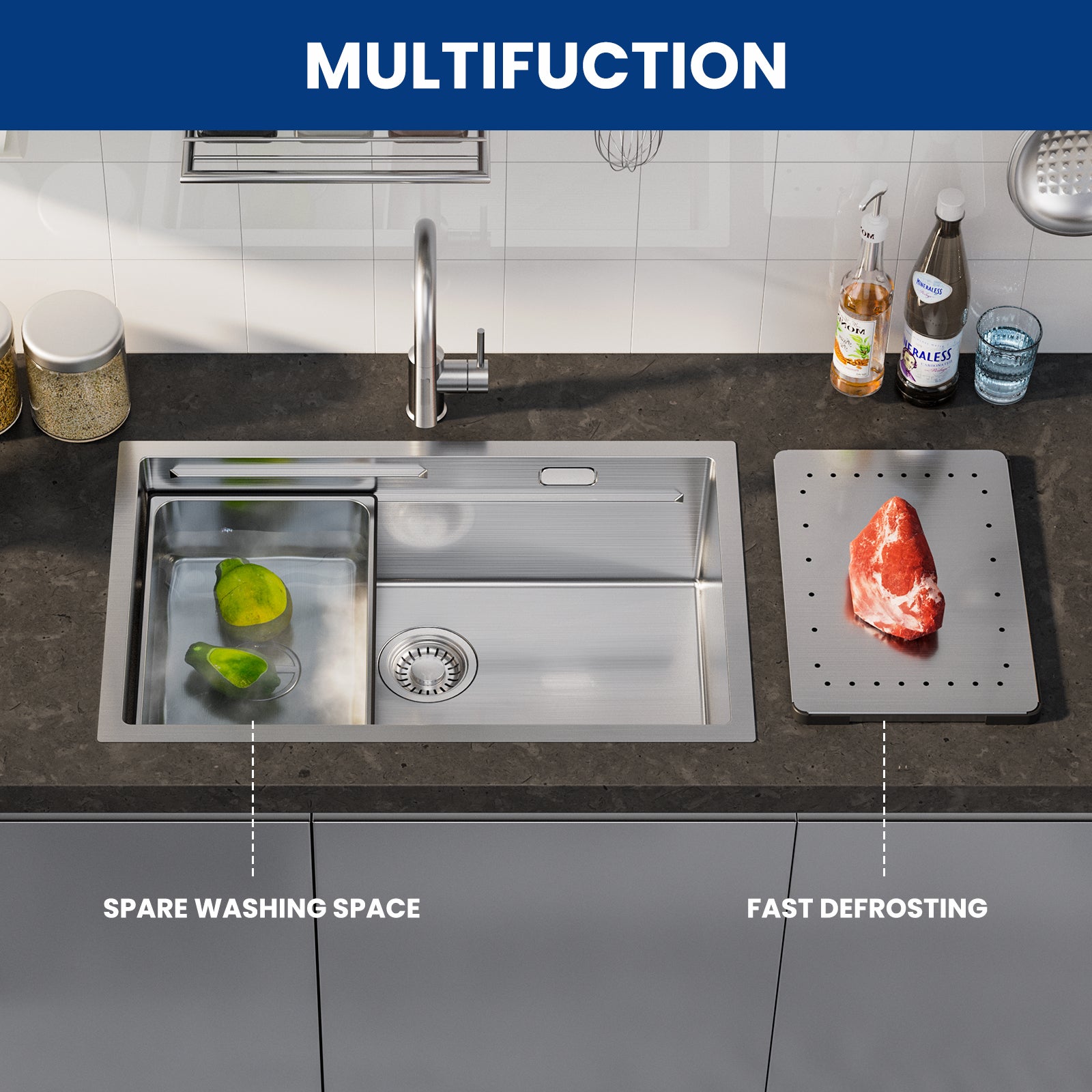 Cecipa max Évier Cuisine 1 Bac 70×44×21CM Évier à Encastrer Inox Brossé avec Egouttoir et Vasque,EU Modèle - 5