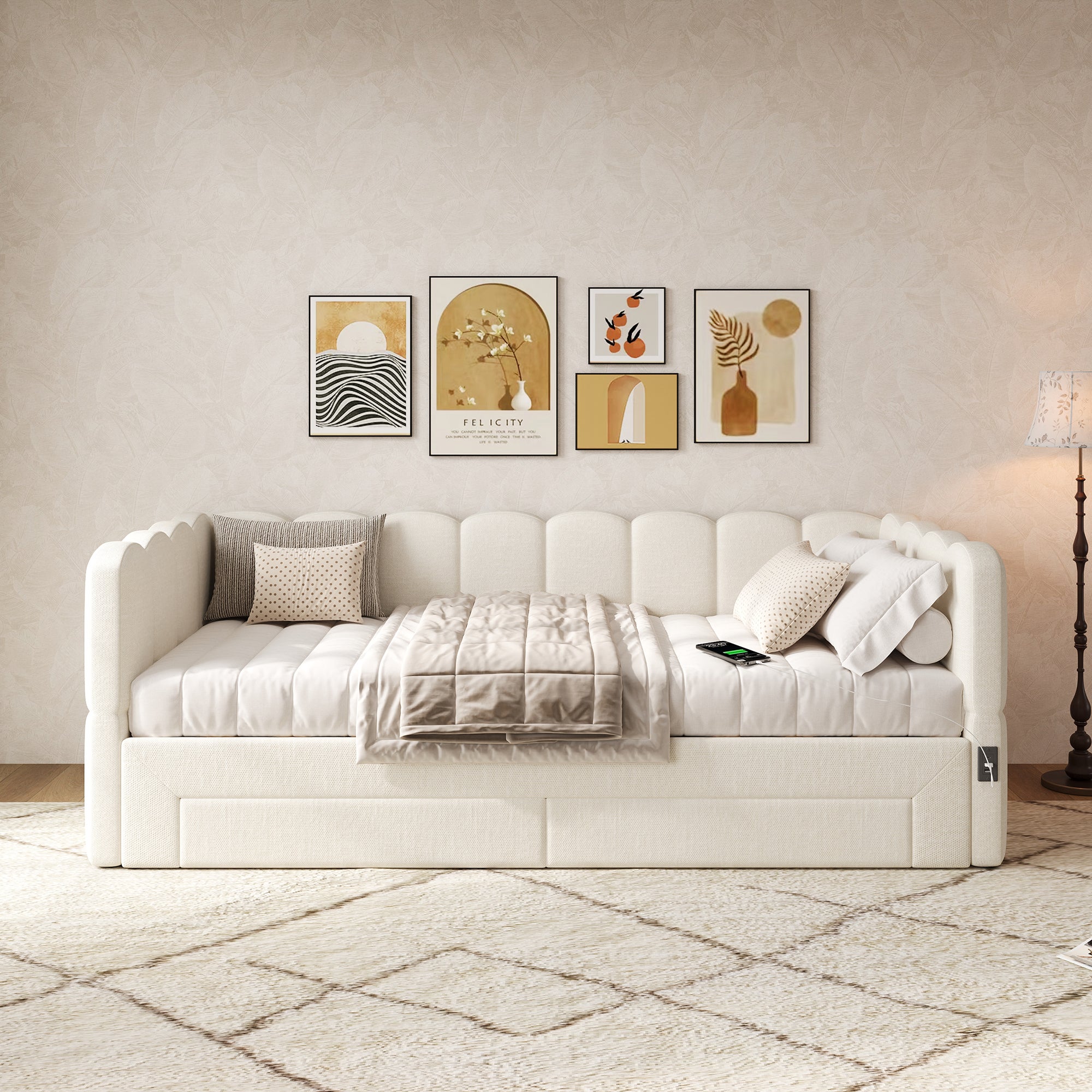 Lit Gigogne 90x190cm Lit Banquette Extensible avec Tiroirs de Rangement, Ports USB & Type-C - Design Scandinave - Lin - Beige - 3