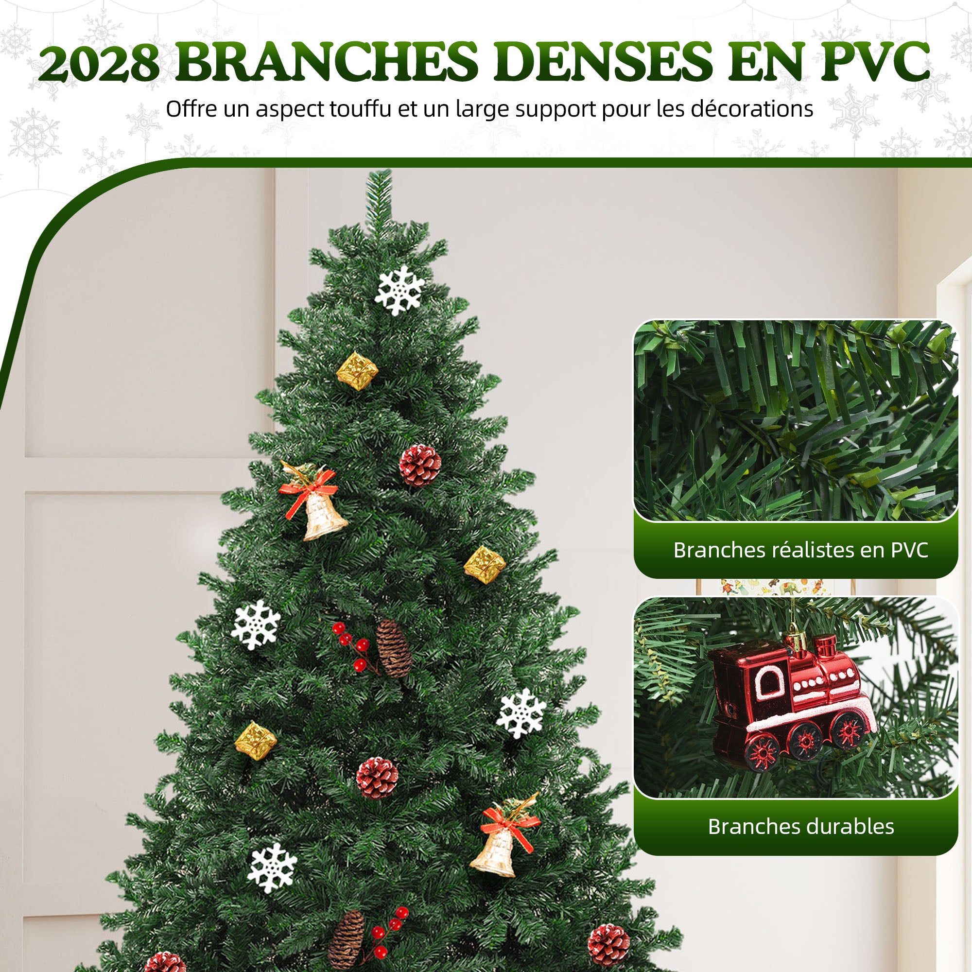 Sapin de Noël Artificiel 274cm Green Balconera 2028 Branches, avec Support en Métal Pliable, Décoration de Fête, Montage Rapide - 3