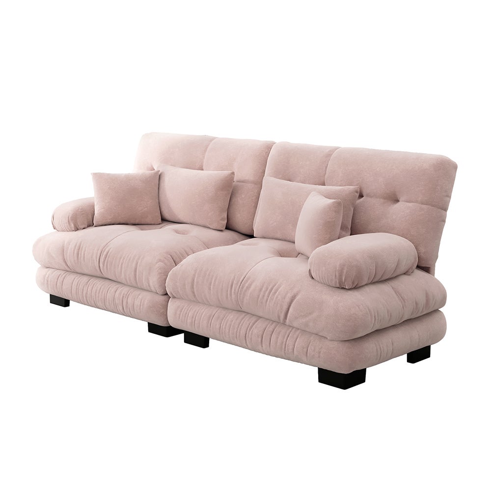 Canapé d'angle Cloud double chenille, 2 coussins lombaires + 2 décoratifs, structure bois, rose. - 4
