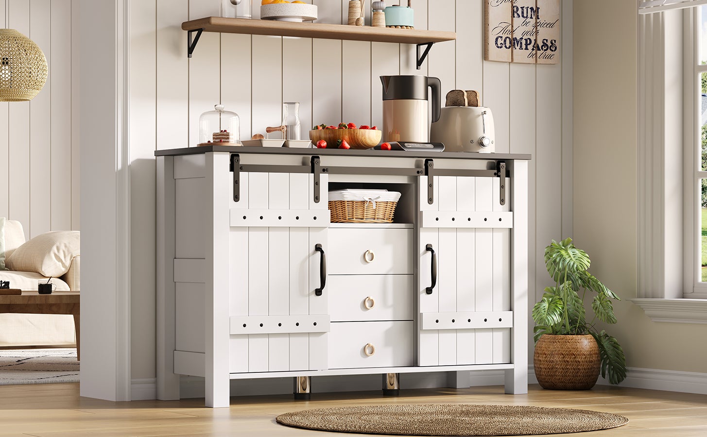 Kredens kuchenny z 2 drzwiami przesuwnymi i 3 szufladami wewnątrz - 120 x 40 x 80 cm - MDF - Biały