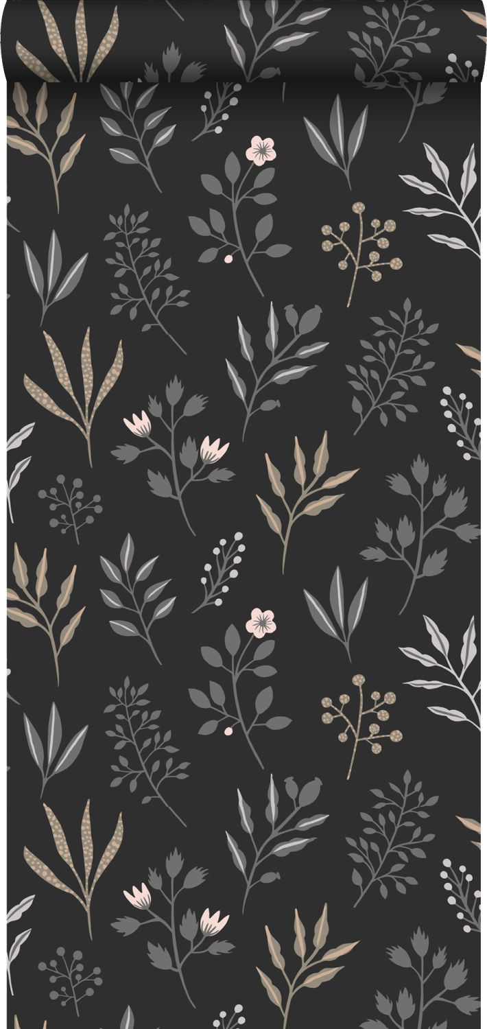 Papel pintado diseño floral en estilo escandinavo negro - 0,53 x 10,05 m - estahome