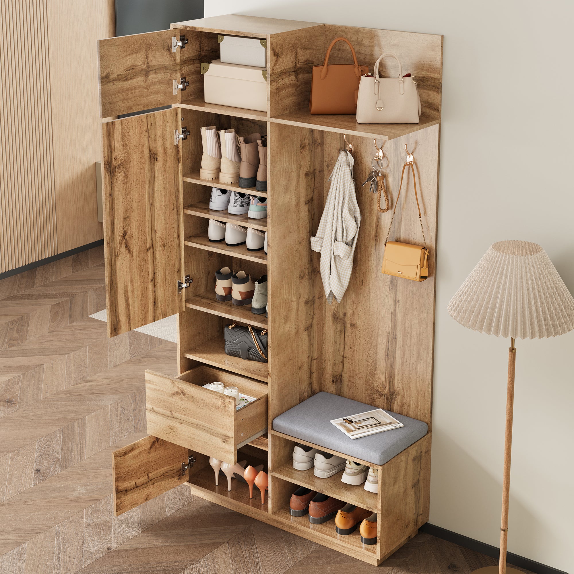 Szafka na buty z lustrem, ławką, wieszakami, 3 drzwiami i 1 szufladą - 90 x 34,5 x 190 cm - MDF - Naturalna - 9