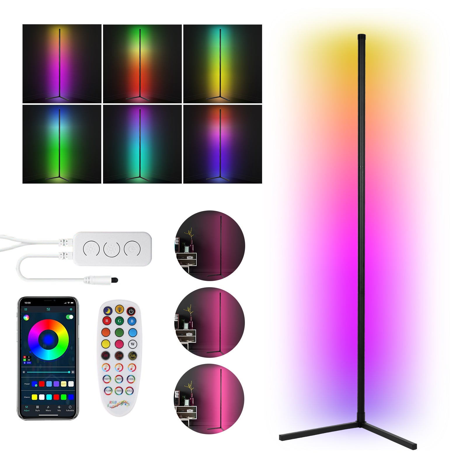 Per Soggiorno Camera Ufficio Lampada Da Terra LED Con 16 Milioni Di Colori - Telecomando E App, Sincronizzazione Musica, Angolo Regolabile 180° Lampada Da Terra LED RGB
