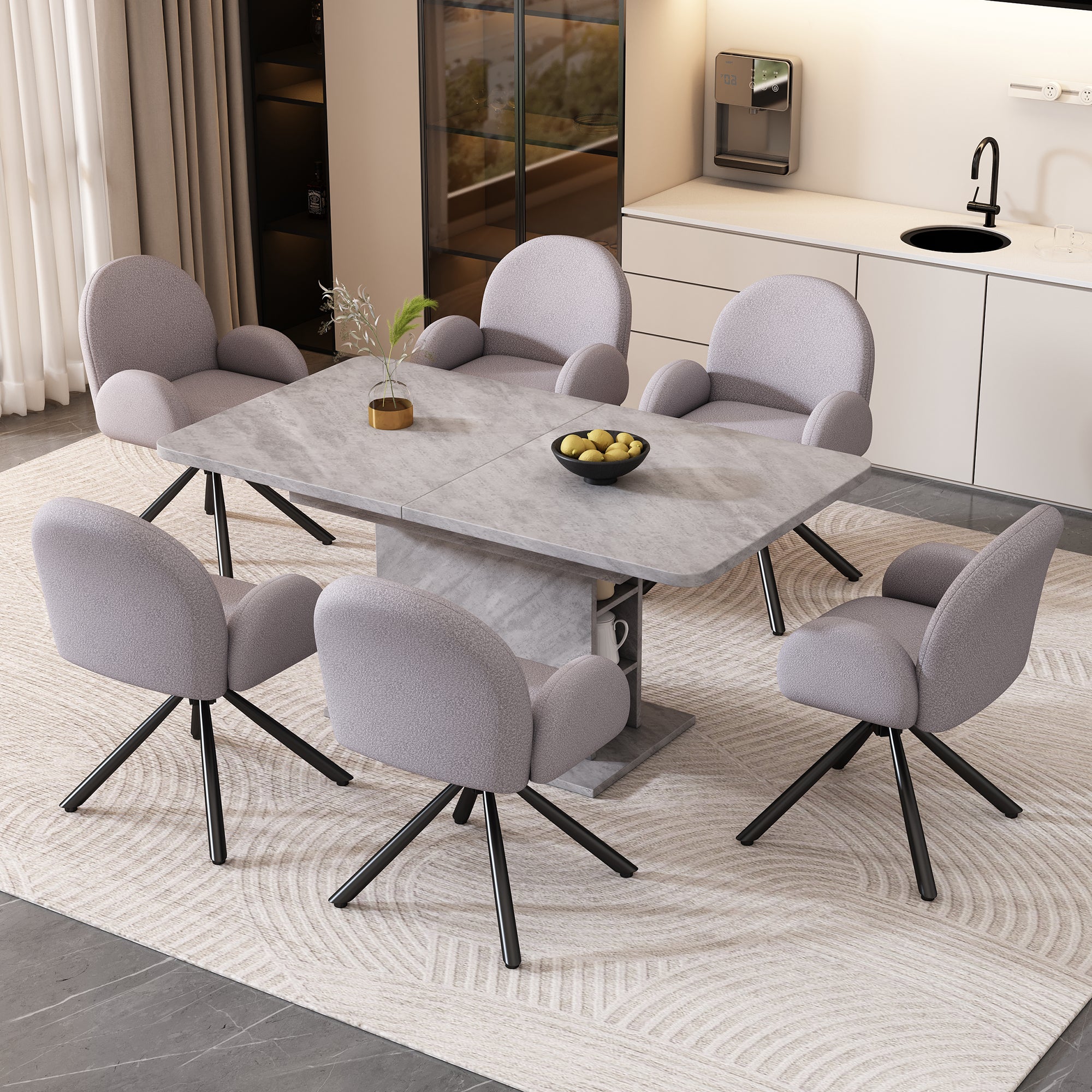 Ensemble Table Et 6 Chaises - Table Extensible Avec Rangement - Chaise En Velours Avec Pieds En Metal Blanc Beige 92421025