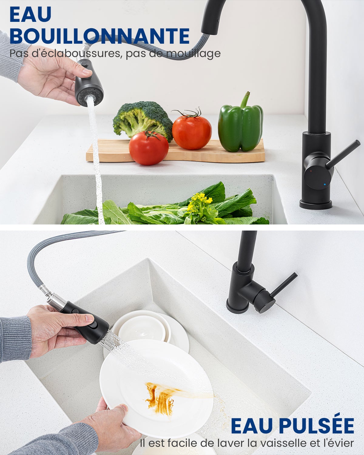 Mitigeur Evier Avec Douchette Extractible - Robinet de Cuisine à 2 Modes de Pulvérisat - Mitigeur Evier Avec Barboteur Démotable - 4