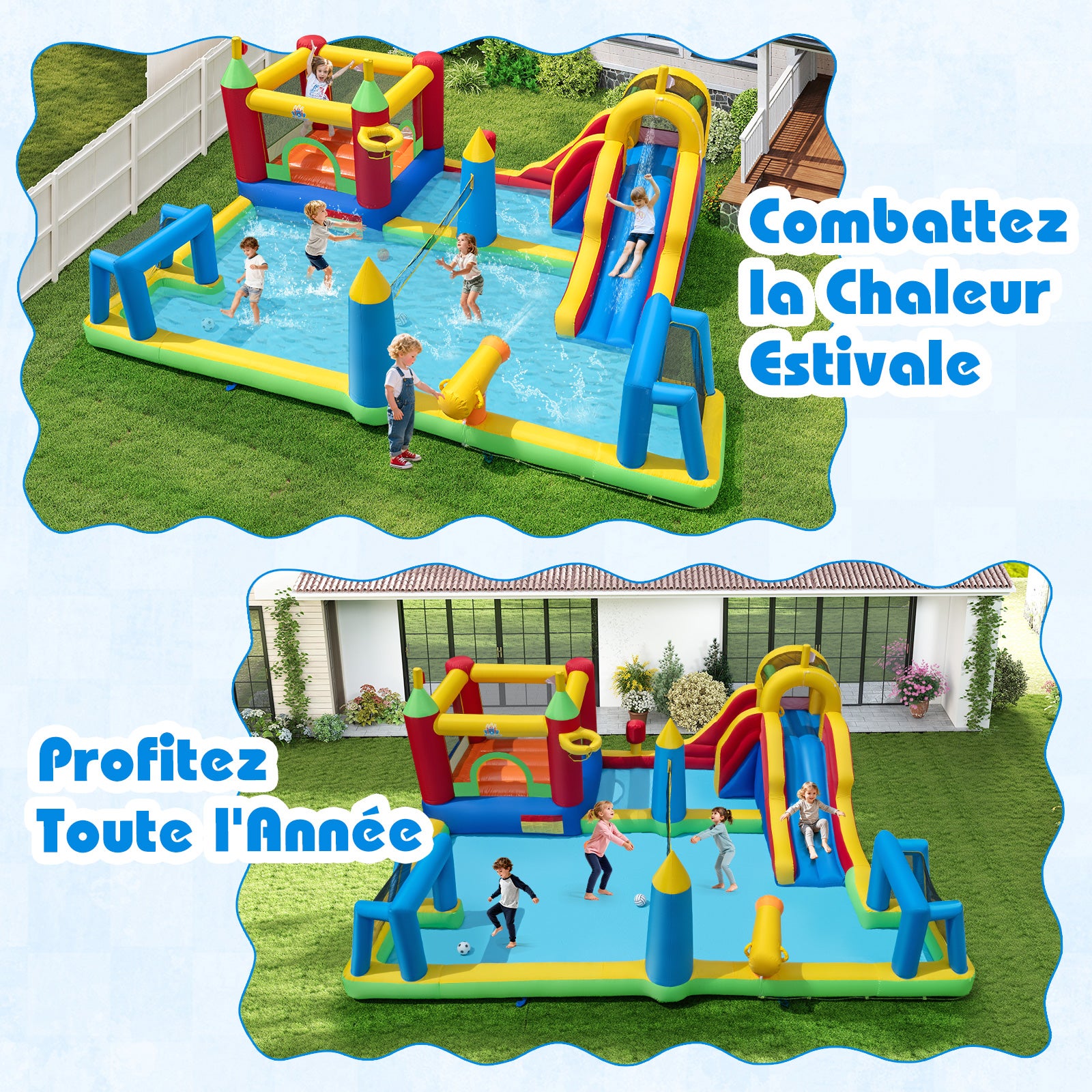 Structure Gonflable Toboggan Aquatique, avec Mur d'Escalade, Piscine avec Éclaboussures, Panier de Basket, Buts de Football, sans Souffleur - 8