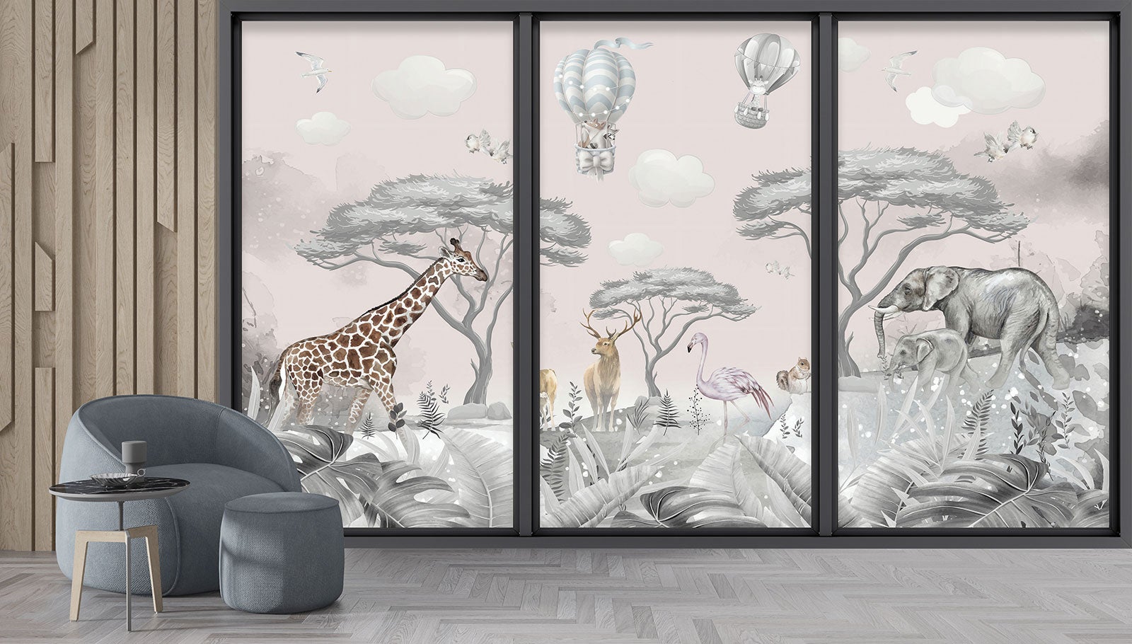 Papier peint panoramique Trompe l'oeil baie vitrée - Enfants - Animaux de la jungle - Largeur 417 cm x Hauteur 250 cm - 4