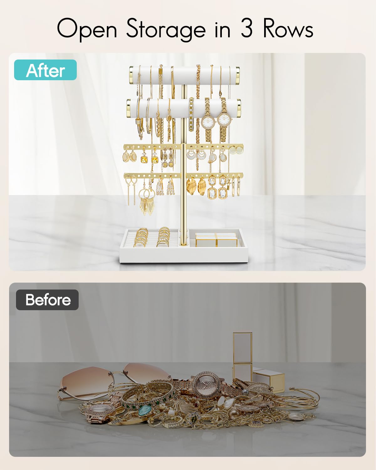 Présentoir à bijoux blanc avec plateau, idéal pour ranger bracelets, colliers, boucles d'oreilles et bagues, étagère de rangement multifonctionnelle. - 3