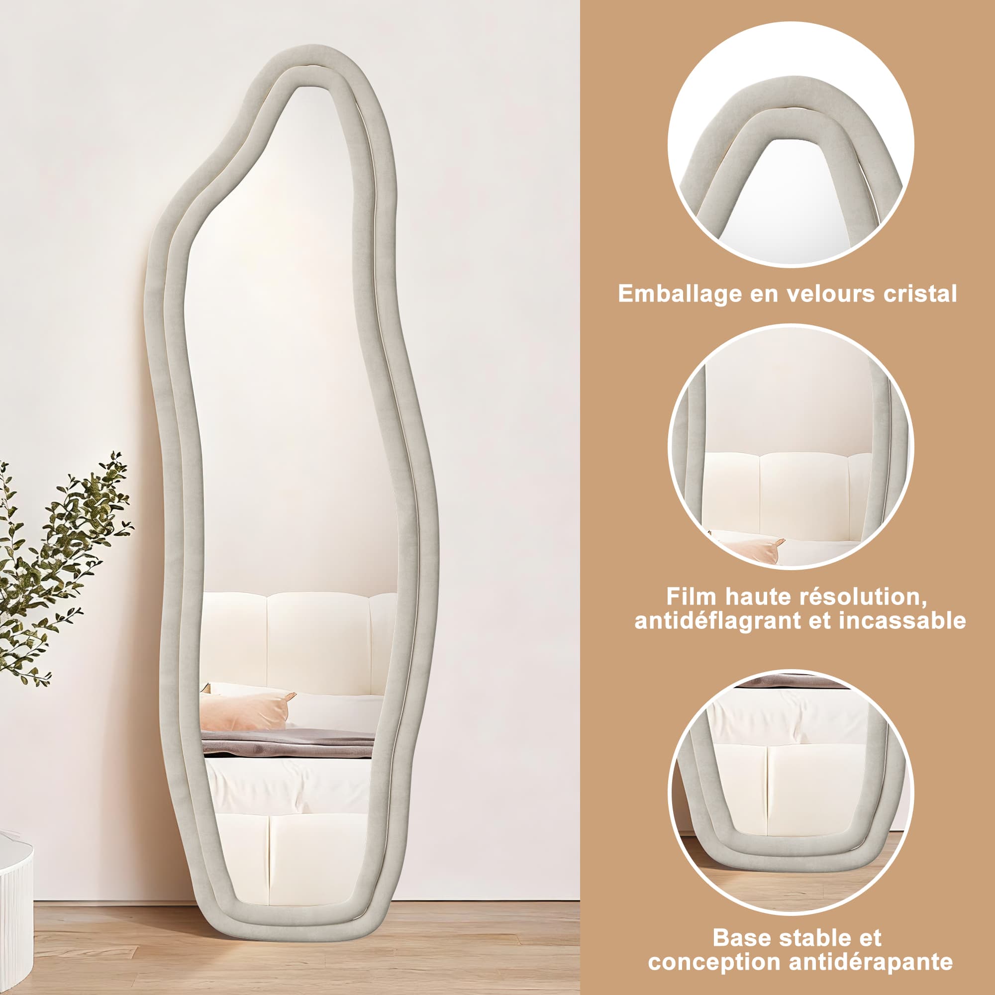 Miroir sur pied de forme ondulée irrégulière 145*50, peut être posé à gauche ou fixé au mur, convient aux chambres et aux salons, blanc. - 7