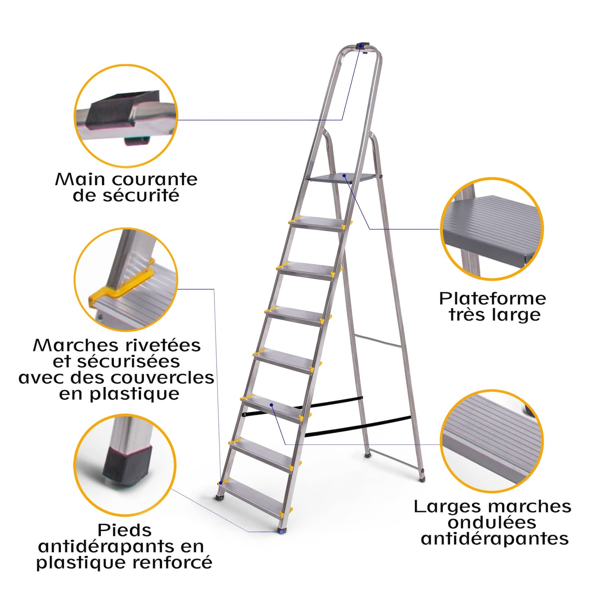 HOSTRÖM Escabeau 8 marches DURA pliable, marchepied léger en aluminium, hauteur plateforme 162cm, pieds antidérapants, charge 150kg, garantie 5 ans - 2