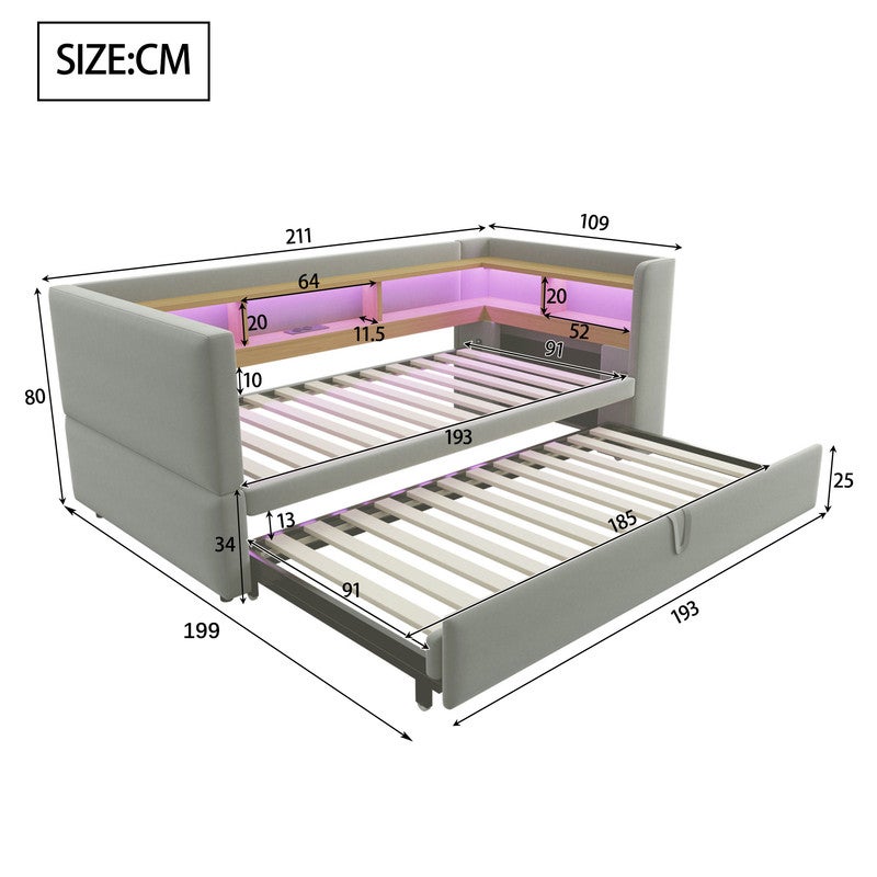 Divano letto capitonné 90/180x190 cm - con illuminazione LED - con presa - numerosi vani di stoccaggio - grigio chiaro (materasso non incluso) - 3