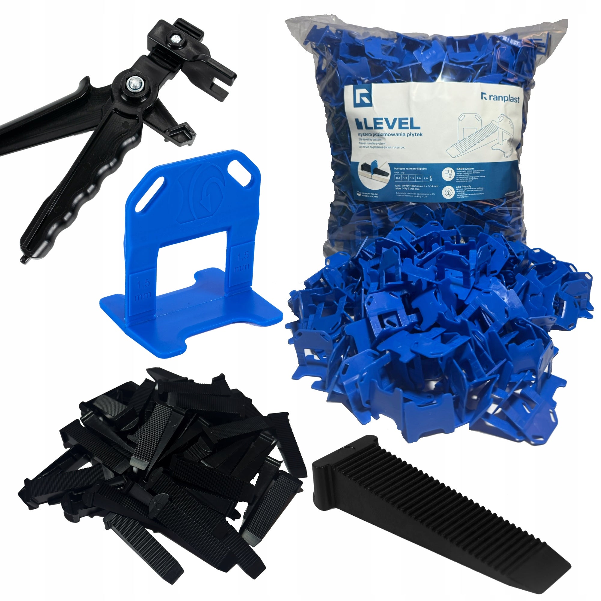 System Poziomowania Płytek klipsy kliny 1.5MM 500 + 100 ZACISKACZ RANPLAST