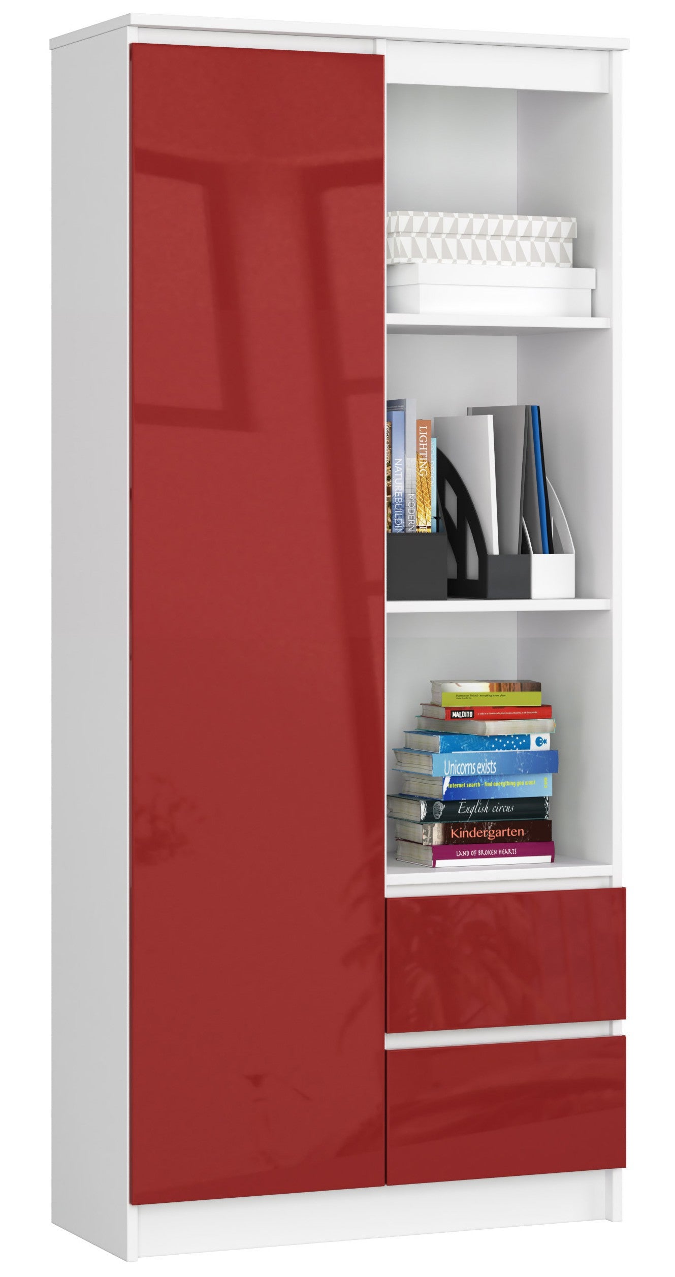 Regał AKORD R11 Biały 80 cm 1 drzwi 2 szuflady kolor Czerwony Połysk 7 półek 80x35x180 cm