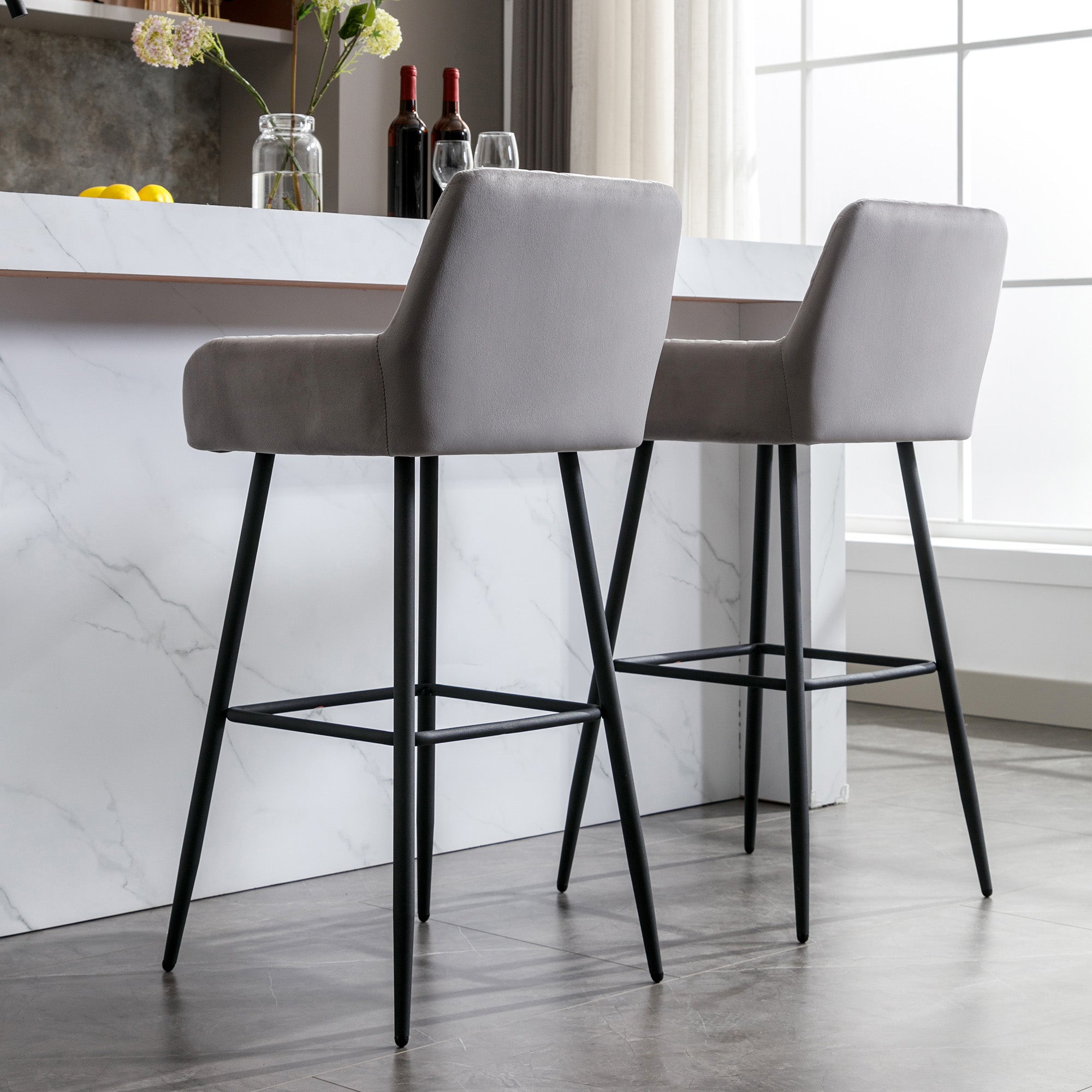 Tabouret de bar, tabouret de comptoir, siège rembourré, chaise de bar avec dossier, accoudoir et repose-pieds, velours, gris, lot de 2 - 2