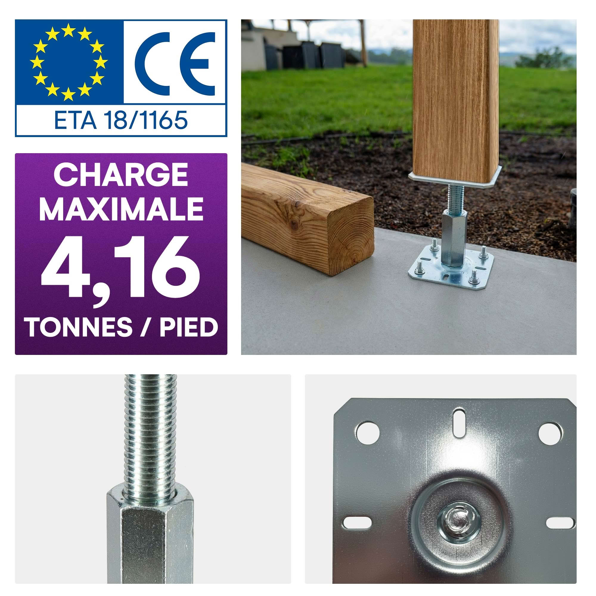 Embase pied de poteau carrée réglable - Platine 100x100 mm - Ht 100 à 150 mm - Acier galvanisé à chaud M20 - Fabrication Europe - 3