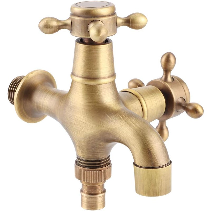 Zabytkowy, ścienny, podwójny kran ogrodowy z litego mosiądzu do pralki, do użytku na zewnątrz, złoty, 12,8*11,2*9 cm