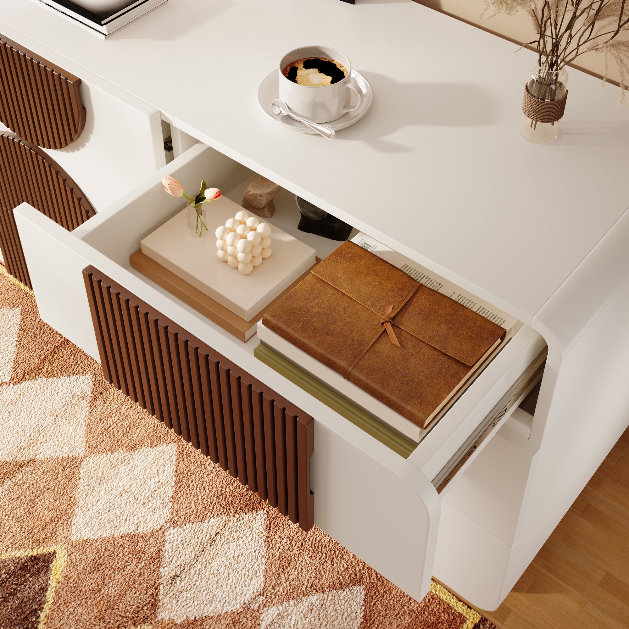 Buffet moderne 121x41x71cm - avec 6 tiroirs coulissants silencieux - conception géométrique - avec des lattes en bois marron chocolat - Blanc + Marron - 4
