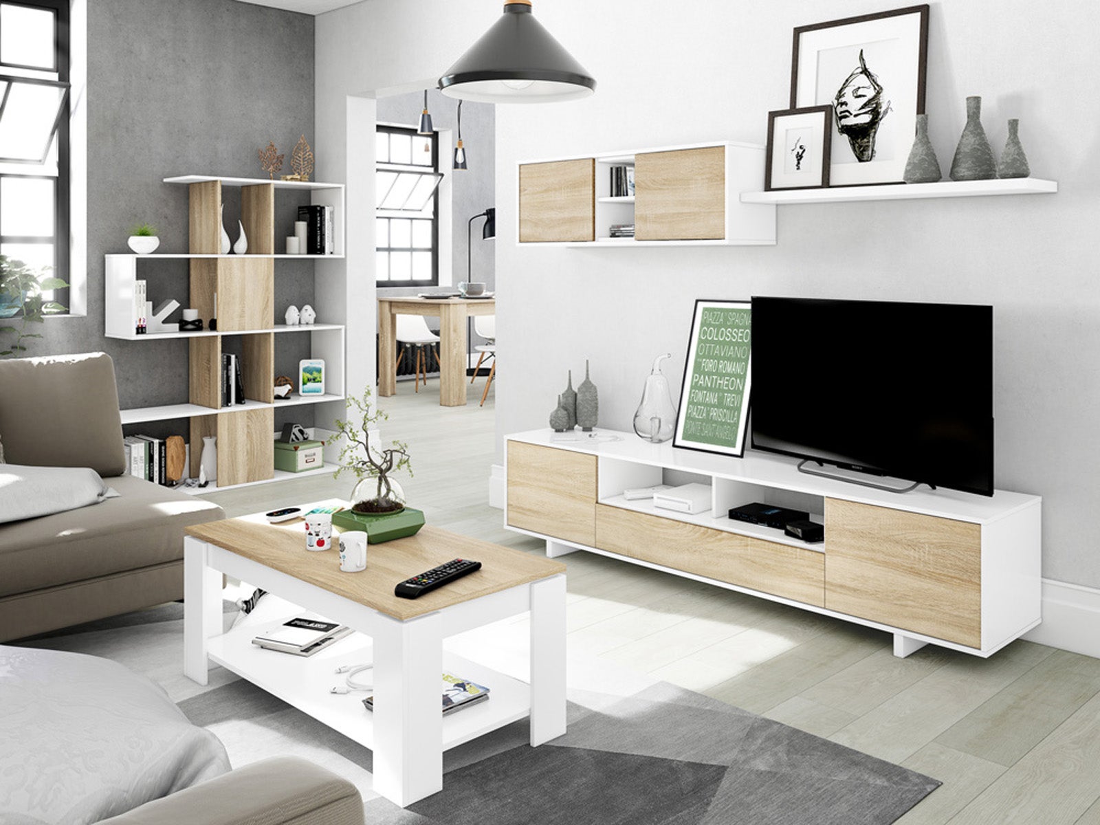 Ensemble TV coloris blanc brillant / Chêne canadien - Dim : 200 x 41 x 46 cm - 3