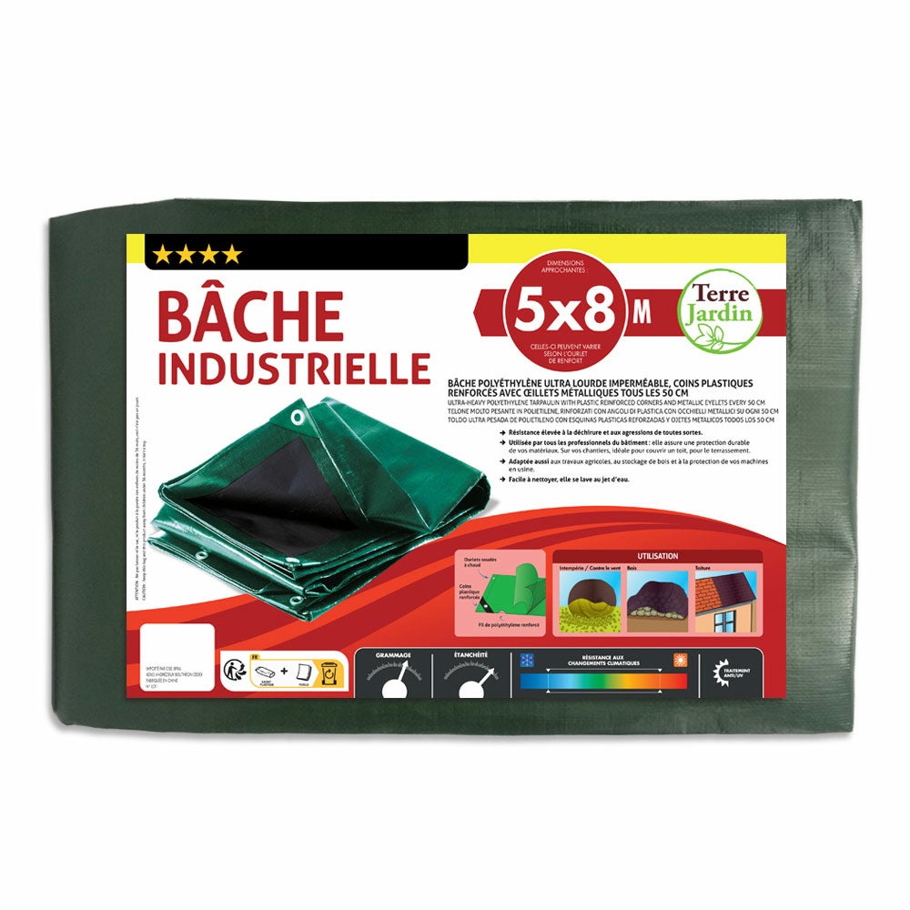 Bâche épaisse ultra résistante 5 x 8 m, 240 g/m2, vert extérieur / noir intérieur - 5 x 8 - Vert - 7