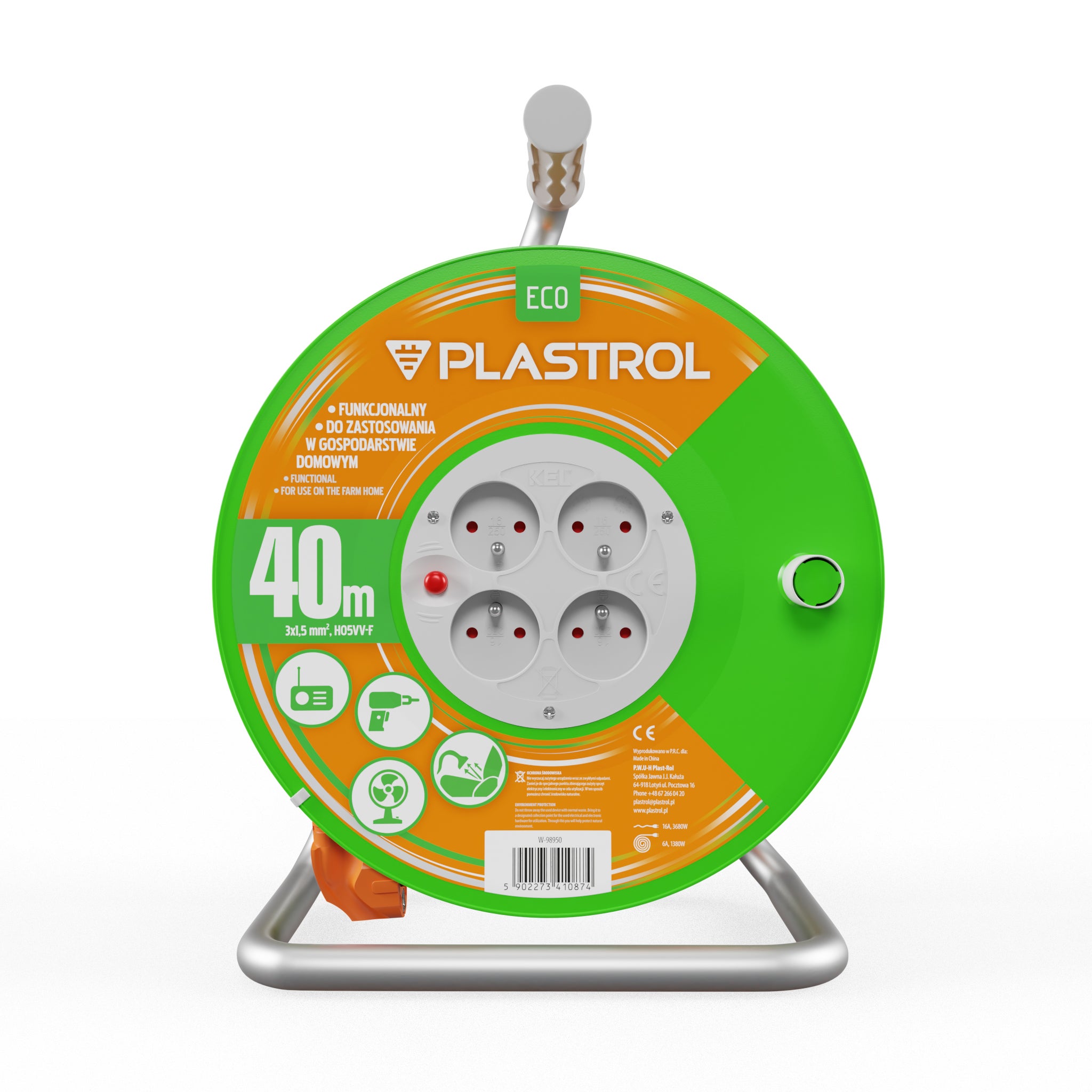 Plastrol Alargador Eléctrico Con Enrollacables Hand Eco 40 M 4 Tomas 2P+T 3 X 1,5 Mm² H05vv-F Ip20 1 Ud. , Leroy Merlin