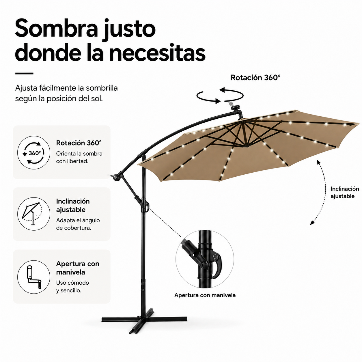 Parasol latéral 3 mètres de jardin kaki avec LED et inclinaison 360° - 4