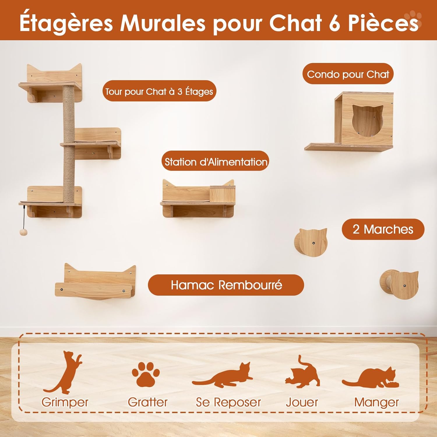 Arbre a Chat Mural en Bois, 6 Pcs Parcours Chat, Hamac, Condo, Plateforme avec 2 Gamelles, Tour pour Chaton à 3 Niveaux, 3 Marches - 5
