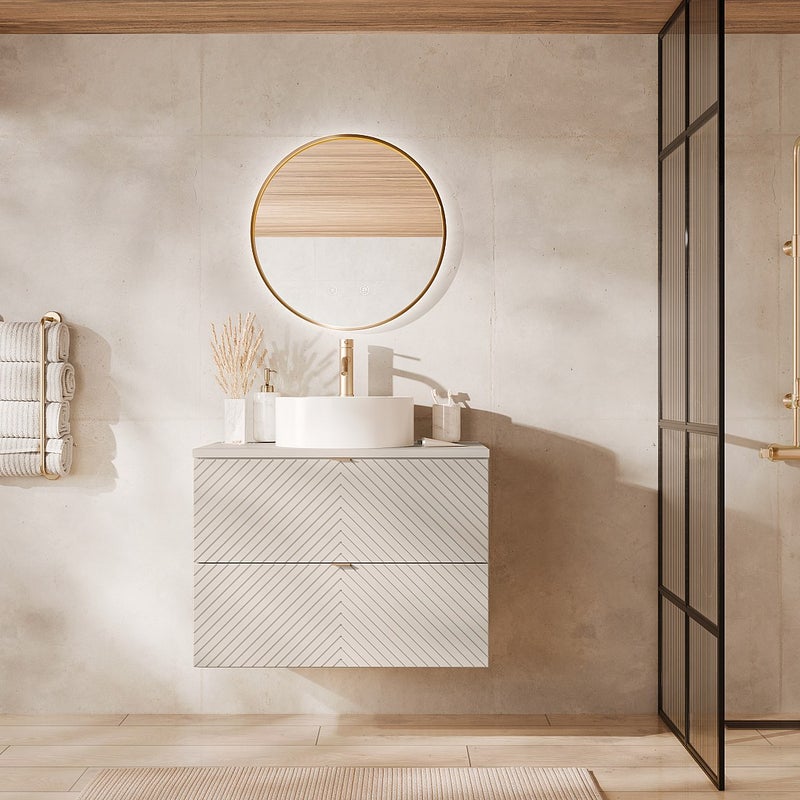 Szafka łazienkowa wisząca z okrągłą umywalką nablatową – beż – 80 cm – DORIONI