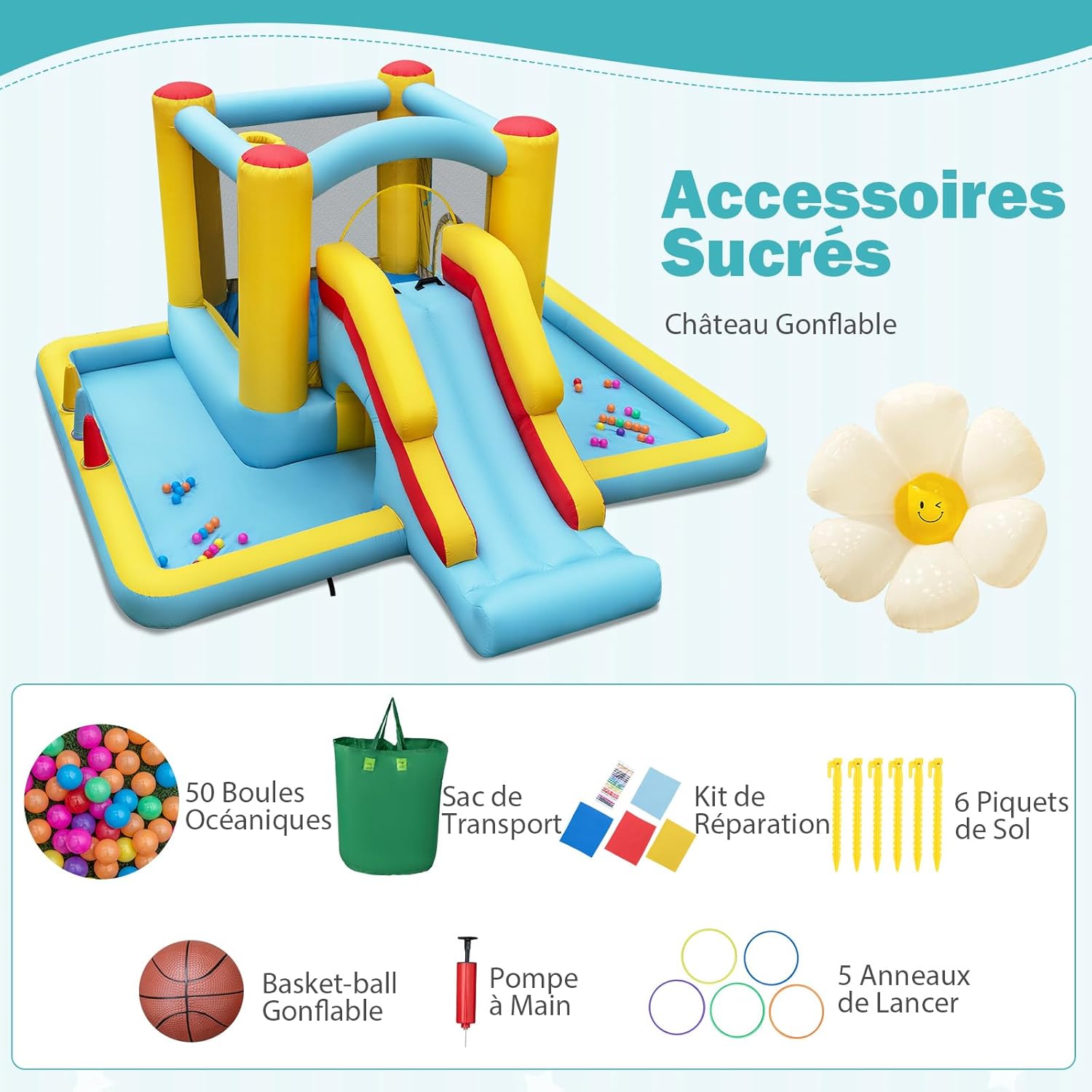 7 en 1 Structure Gonflable avec Toboggan & Maison de Saut, Aire de Jeux Gonflable avec Piscine à Balles & Panier de Basketball - 7