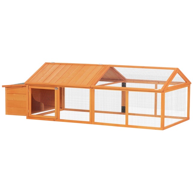 PawHut Pollaio da Giardino per 4-8 Galline in Legno con Rete Metallica e Tetto Apribile, 240x112.5x76 cm, Arancione