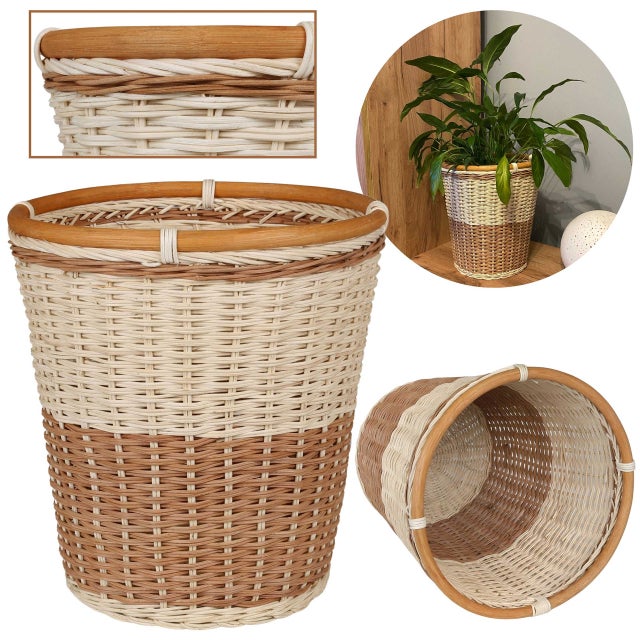 Grand Panier à Plantes Rond Rotin Gris XL 50cm - Cache-Pot Avec Bord Corde