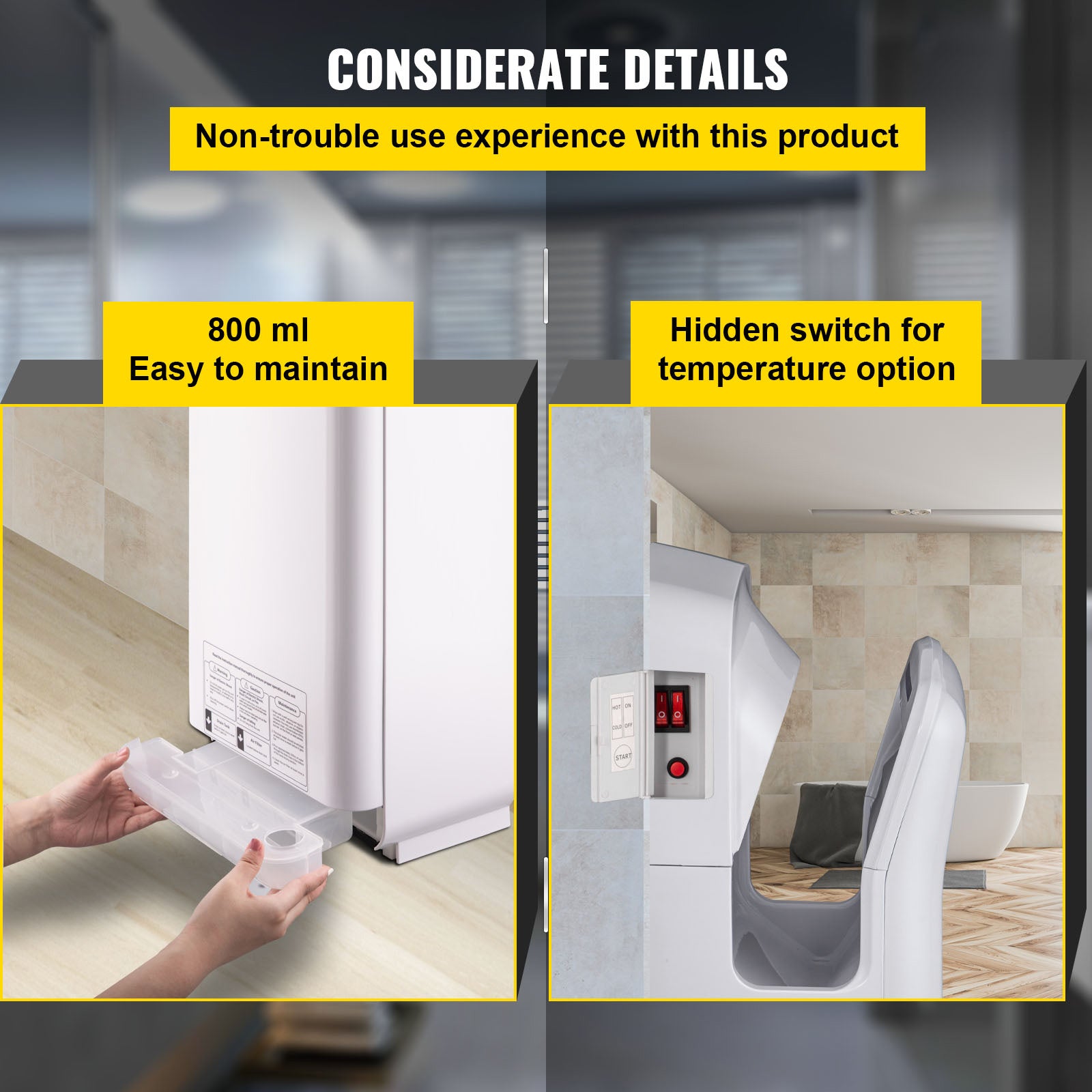 Sèche-mains électrique SucceBuy 2000W 220V, lame d’air ABS, filtration HEPA, mural, infrarouge haute vitesse, blanc - 8